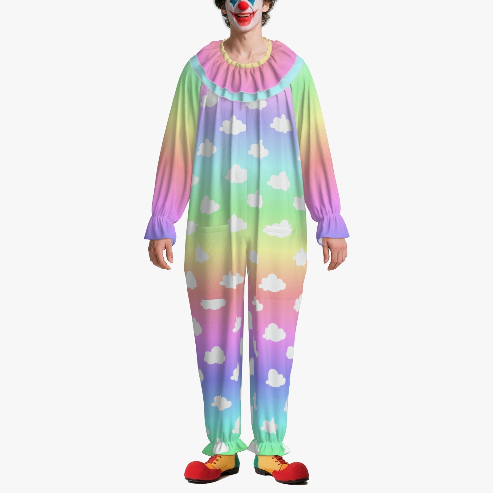 Circus Coveralls Unicorn Clouds Yume Rainbow Dreamcore clown suit, on-model front view
