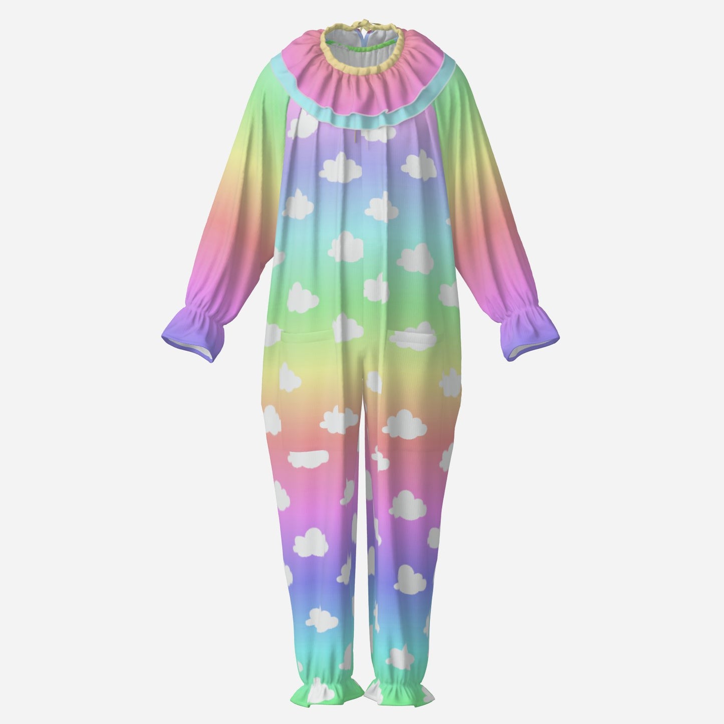 Circus Coveralls Unicorn Clouds Yume Rainbow Dreamcore clown suit, ghost mannequin front view