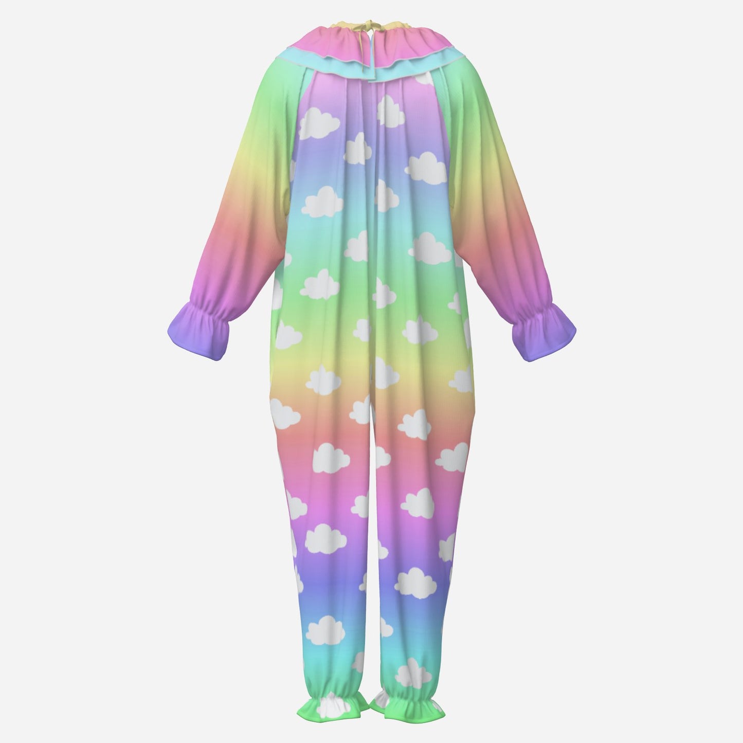 Circus Coveralls Unicorn Clouds Yume Rainbow Dreamcore clown suit, ghost mannequin back view
