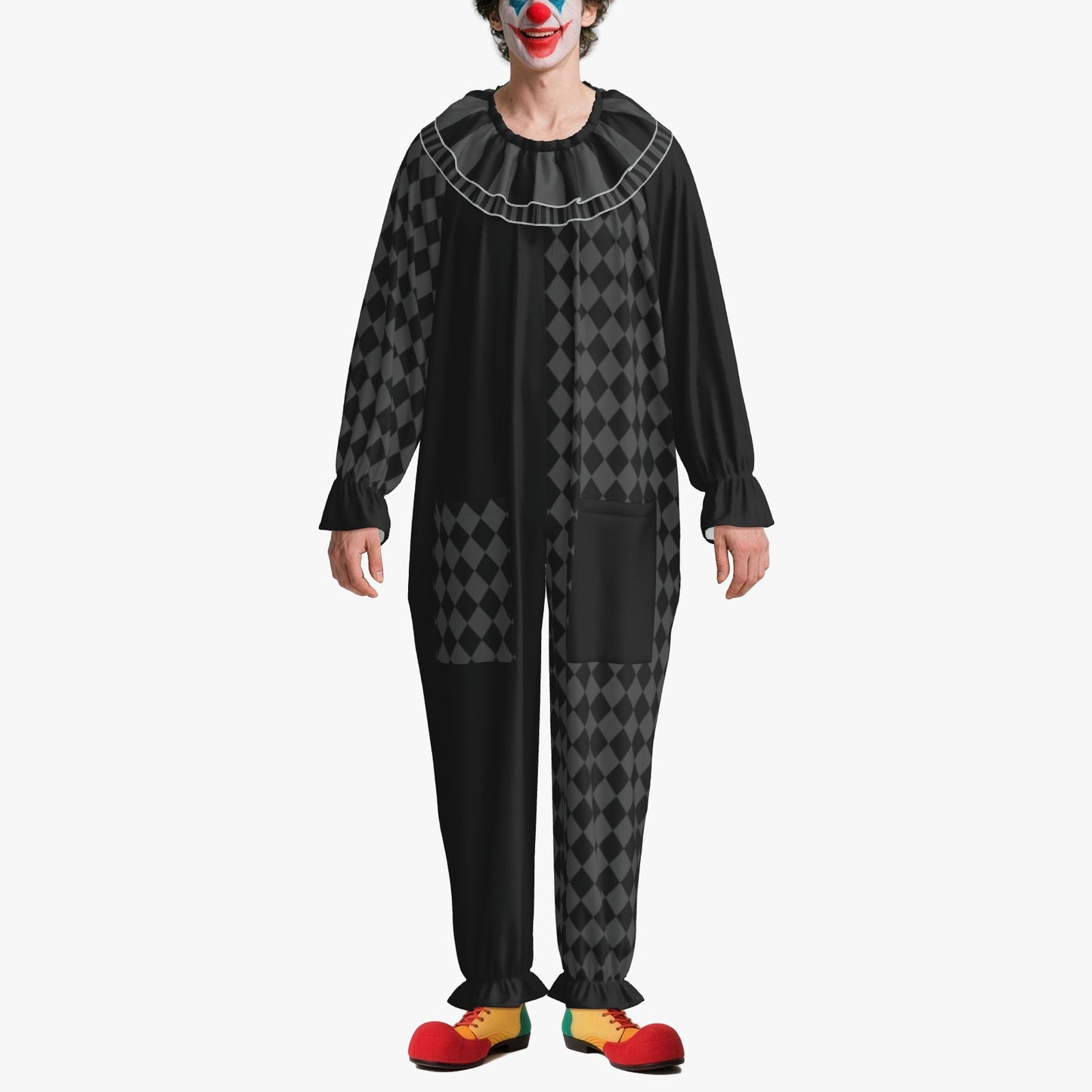 Circus Coveralls Dark Grey Black Harlequin Whimsigoth clown suit, on-model front view