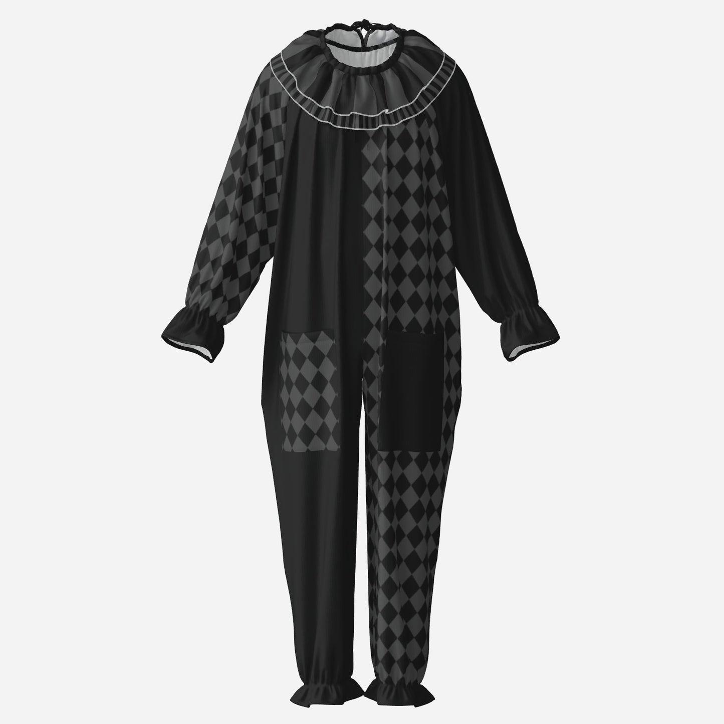Circus Coveralls Dark Grey Black Harlequin Whimsigoth clown suit, ghost mannequin front view