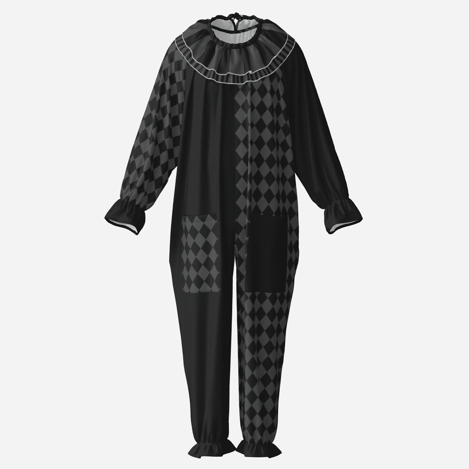 Circus Coveralls Dark Grey Black Harlequin Whimsigoth clown suit, ghost mannequin front view