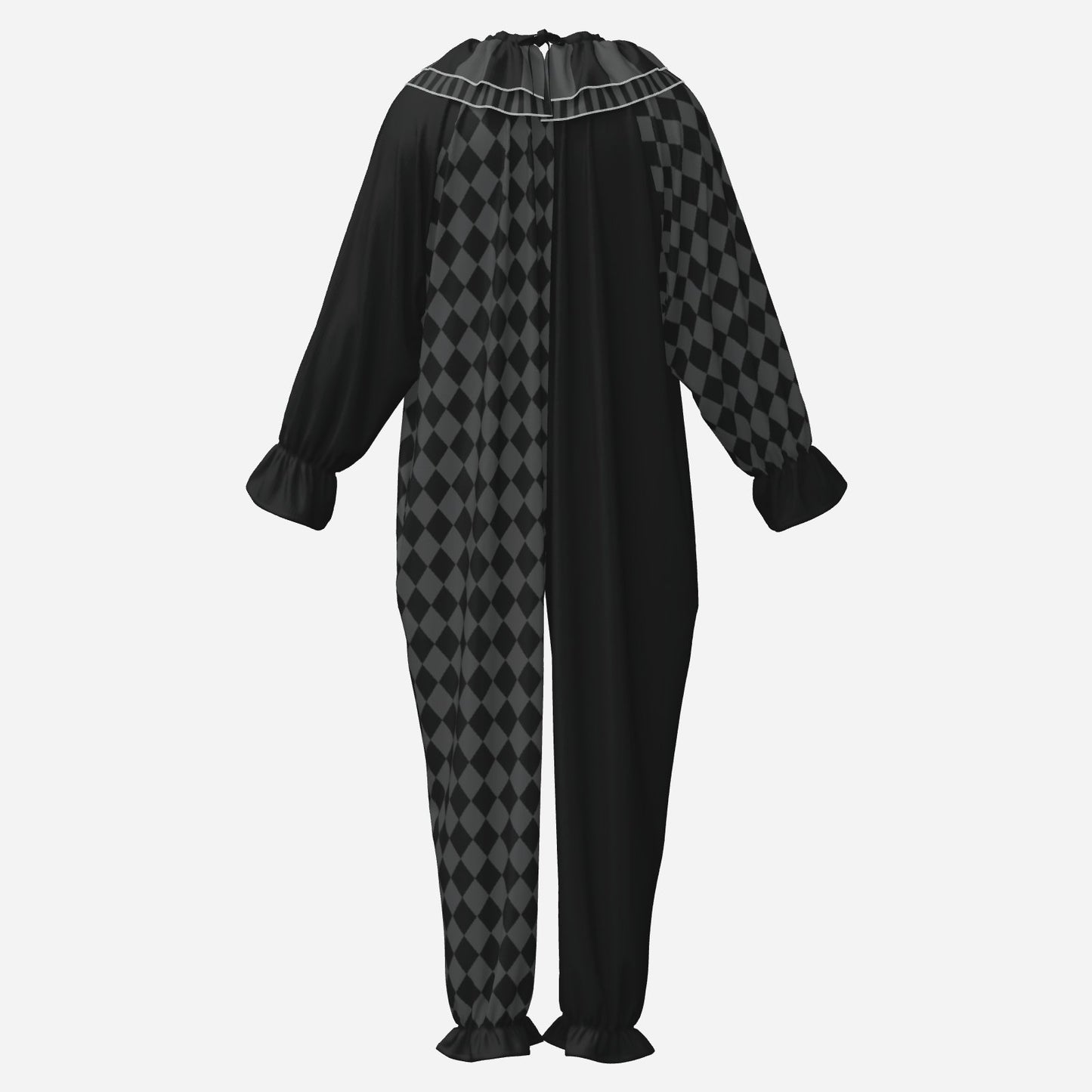 Circus Coveralls Dark Grey Black Harlequin Whimsigoth clown suit, ghost mannequin back view