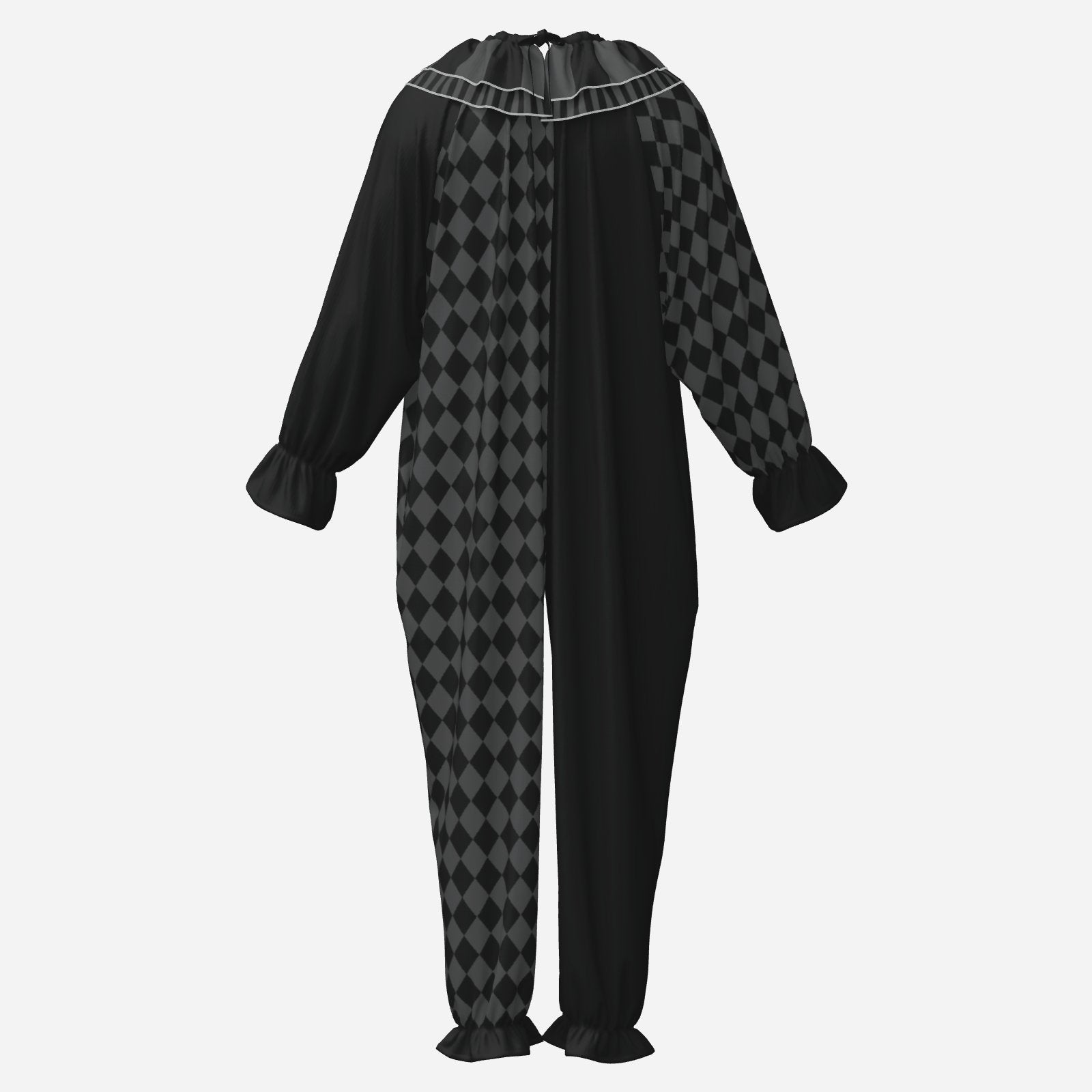 Circus Coveralls Dark Grey Black Harlequin Whimsigoth clown suit, ghost mannequin back view