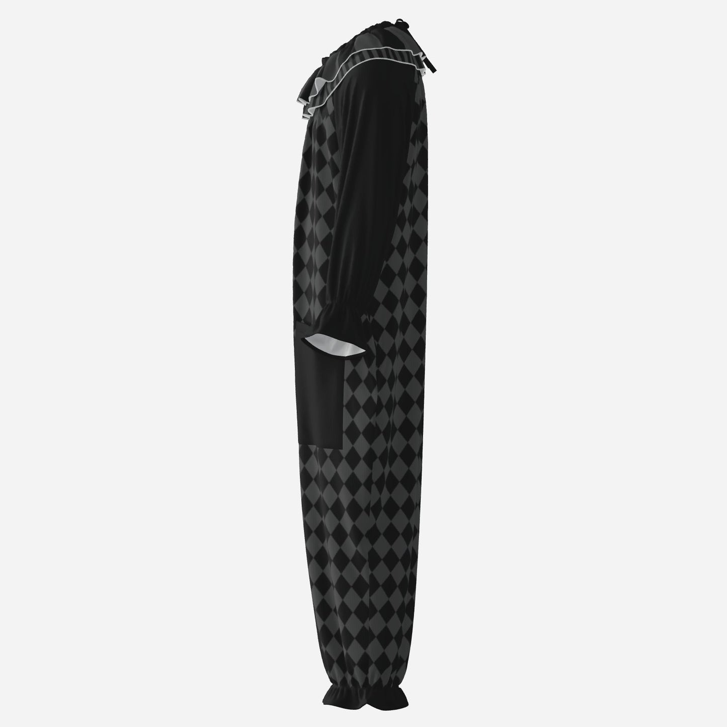 Circus Coveralls Dark Grey Black Harlequin Whimsigoth clown suit, side view