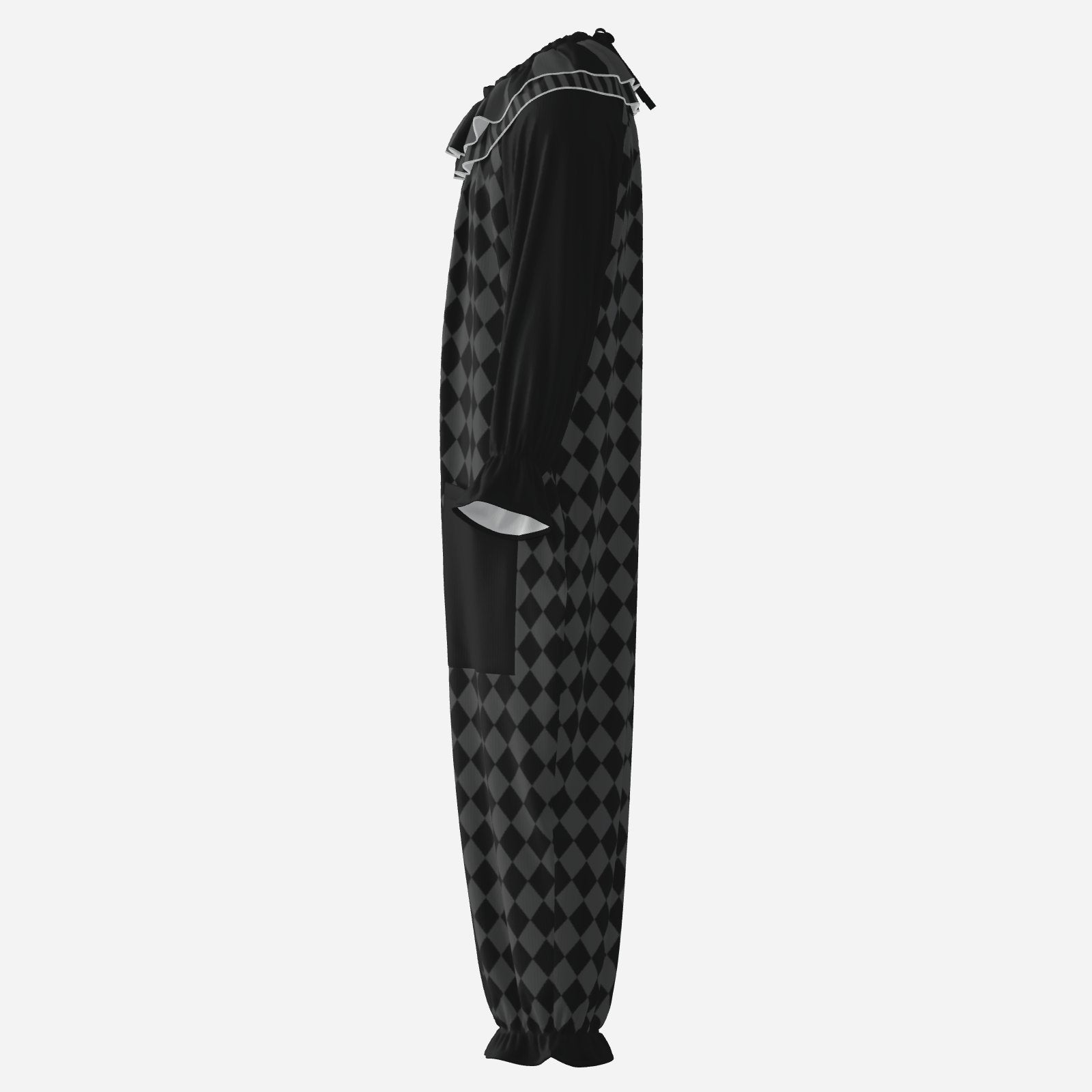 Circus Coveralls Dark Grey Black Harlequin Whimsigoth clown suit, side view
