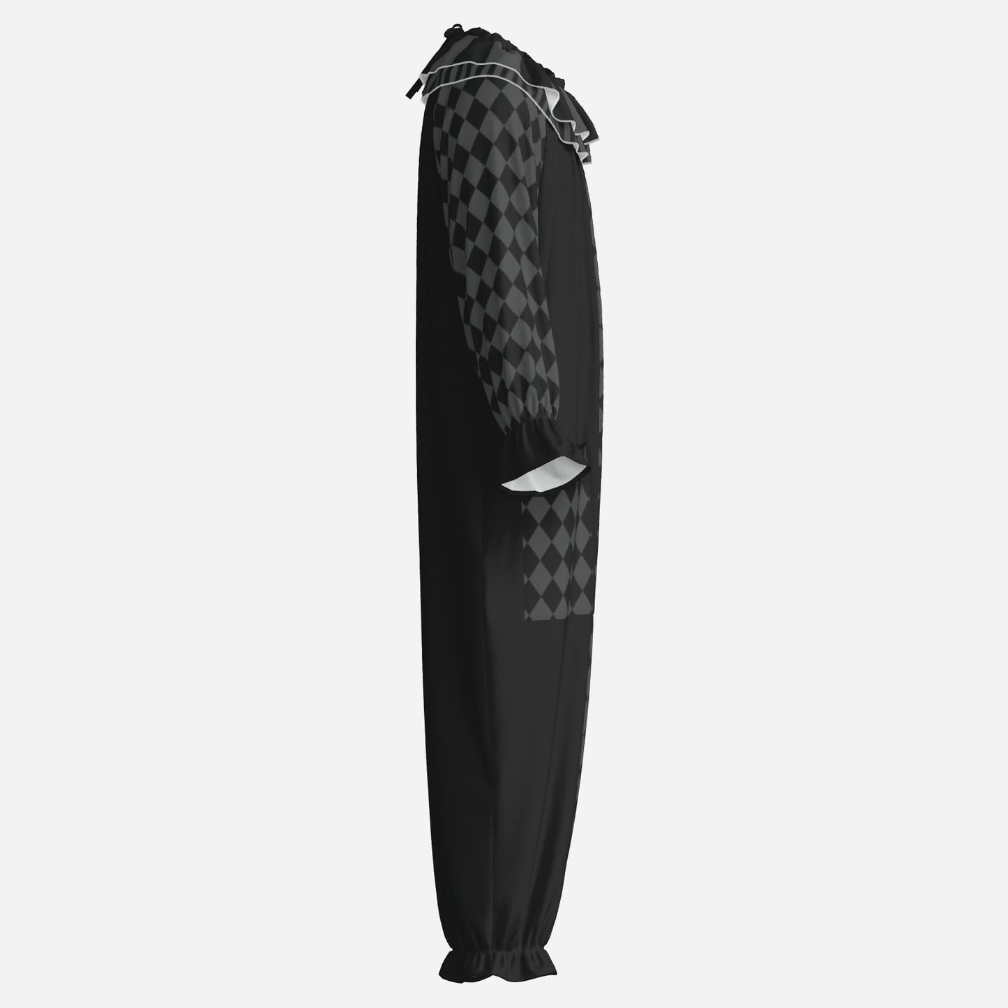 Circus Coveralls Dark Grey Black Harlequin Whimsigoth clown suit, side view
