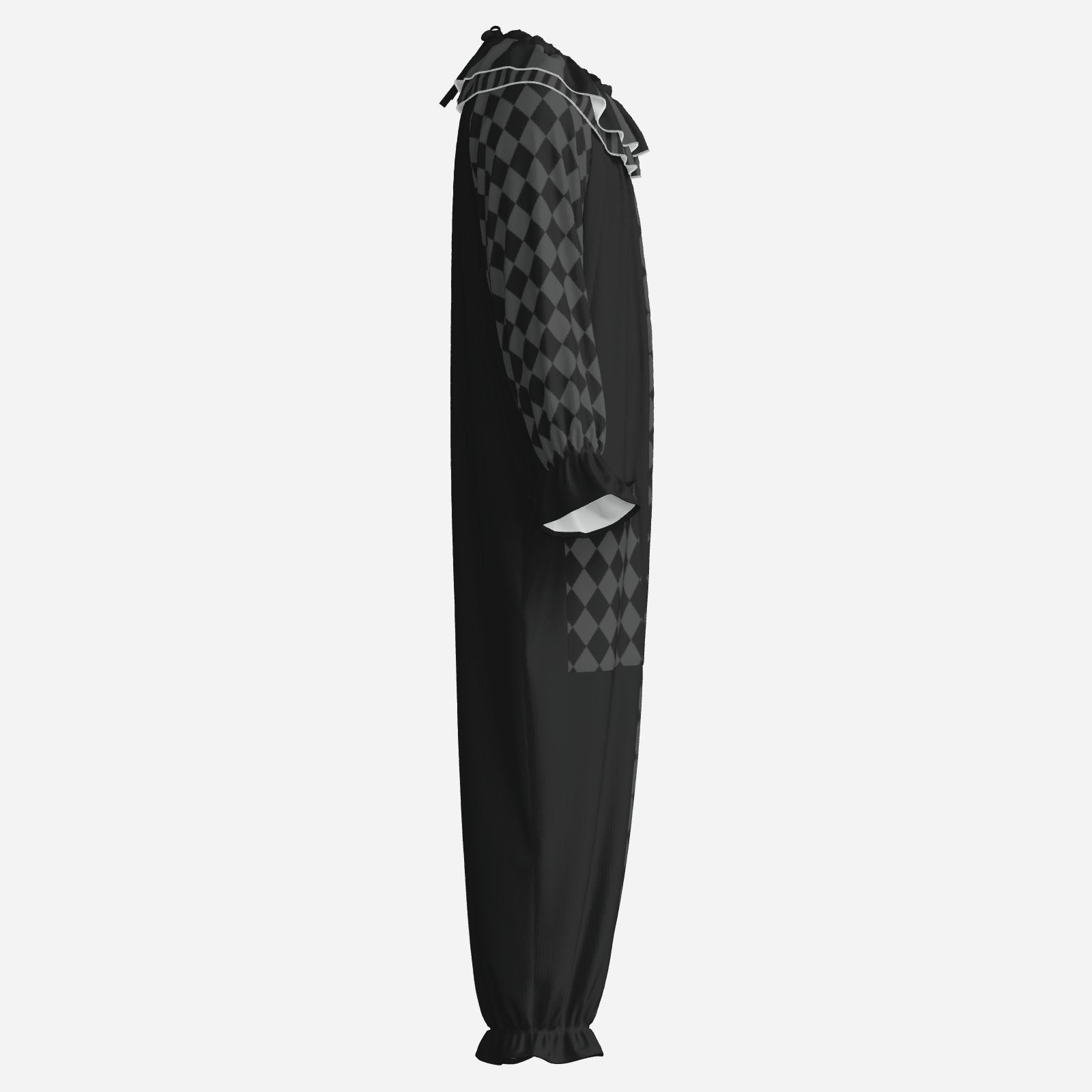 Circus Coveralls Dark Grey Black Harlequin Whimsigoth clown suit, side view