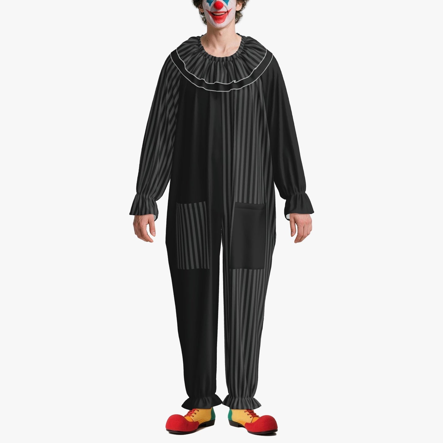 Circus Coveralls Dark Grey Black Stripe Whimsigoth clown suit, on-model front view