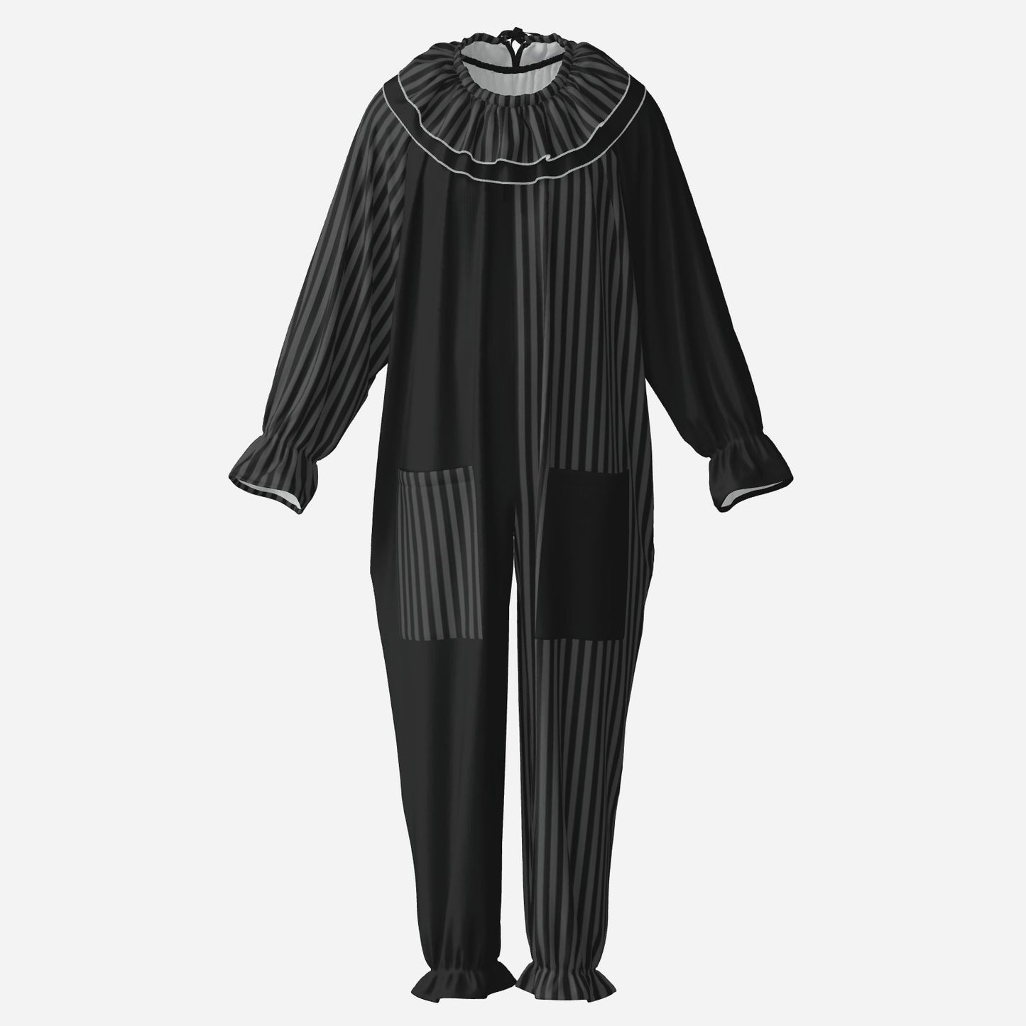 Circus Coveralls Dark Grey Black Stripe Whimsigoth clown suit, ghost mannequin front view