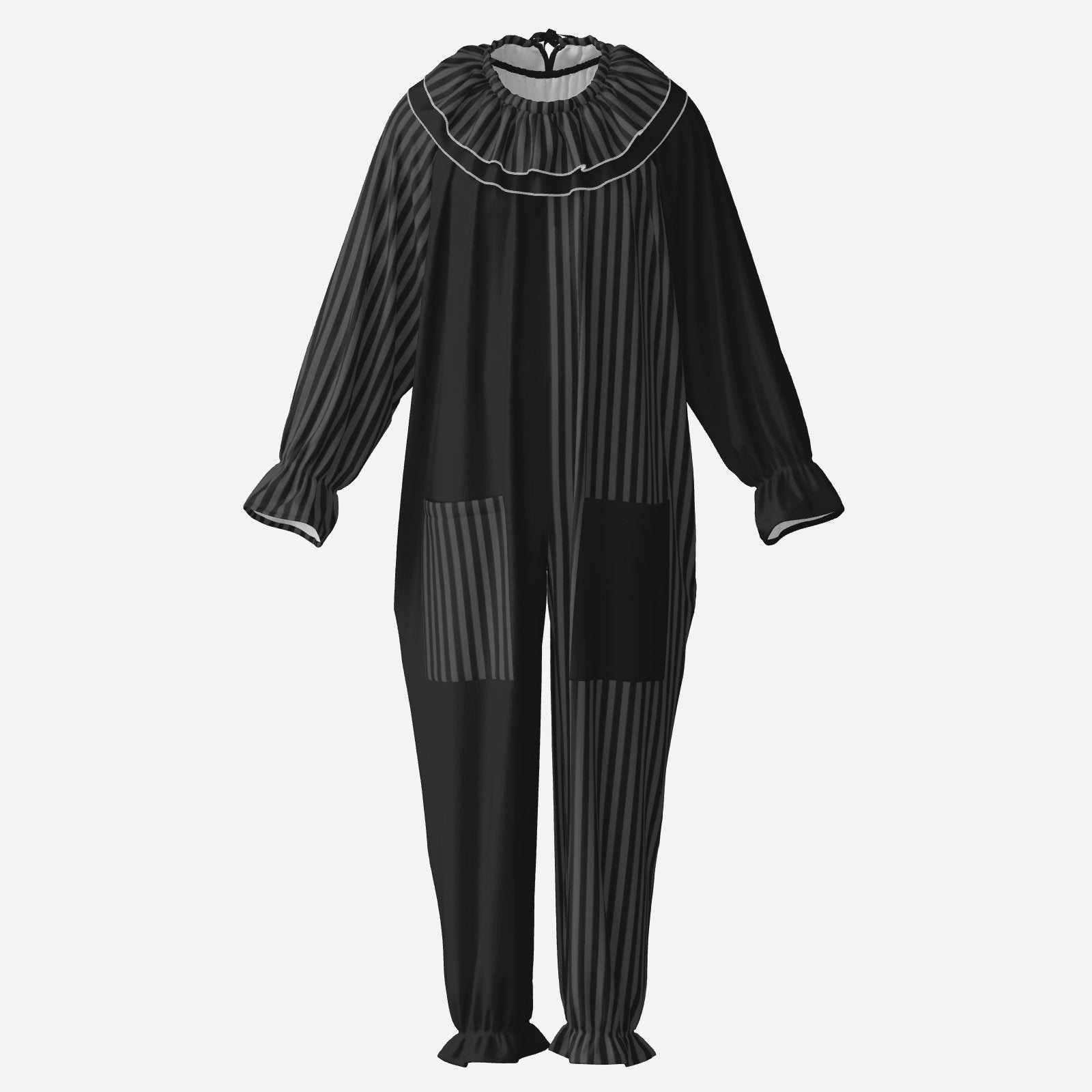 Circus Coveralls Dark Grey Black Stripe Whimsigoth clown suit, ghost mannequin front view