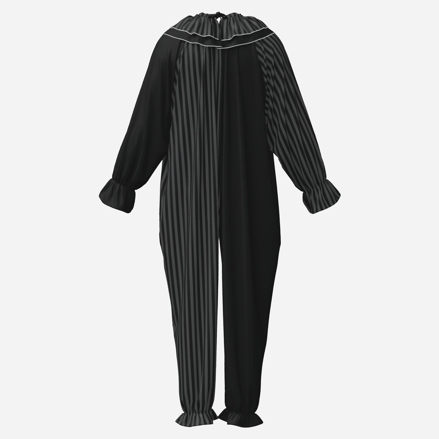 Circus Coveralls Dark Grey Black Stripe Whimsigoth clown suit, ghost mannequin back view
