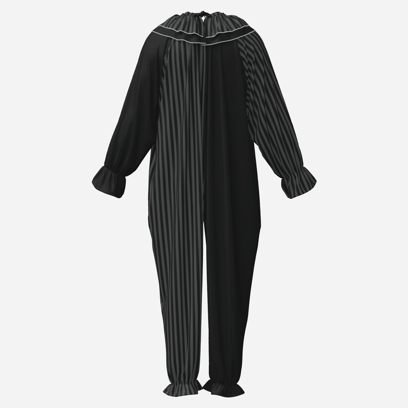 Circus Coveralls Dark Grey Black Stripe Whimsigoth clown suit, ghost mannequin back view