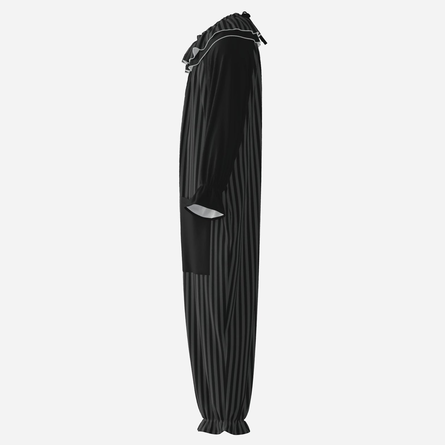 Circus Coveralls Dark Grey Black Stripe Whimsigoth clown suit, side view