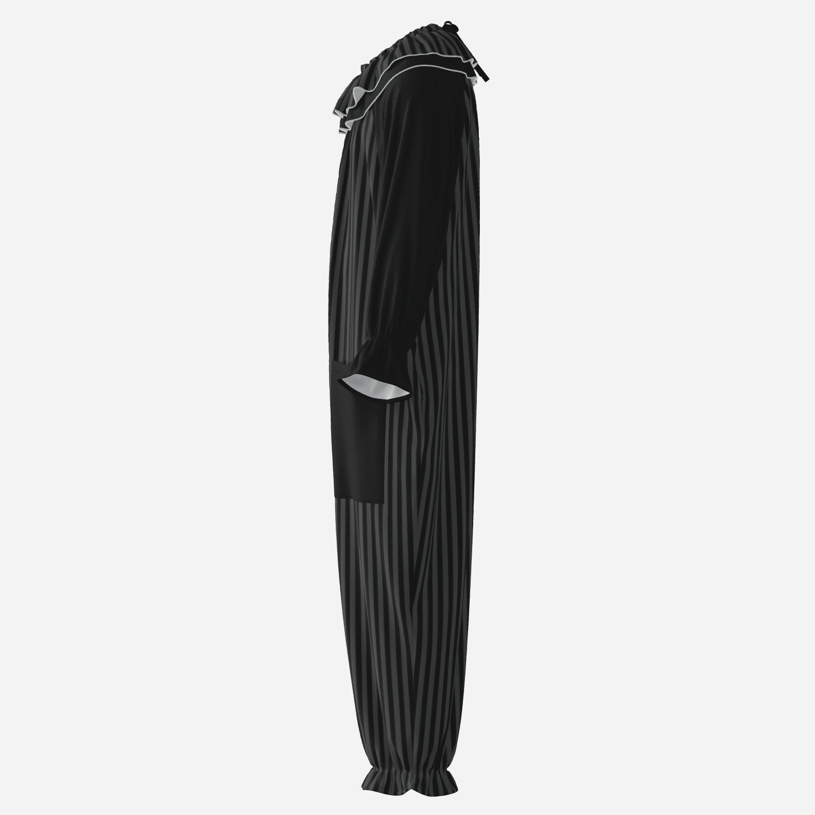 Circus Coveralls Dark Grey Black Stripe Whimsigoth clown suit, side view