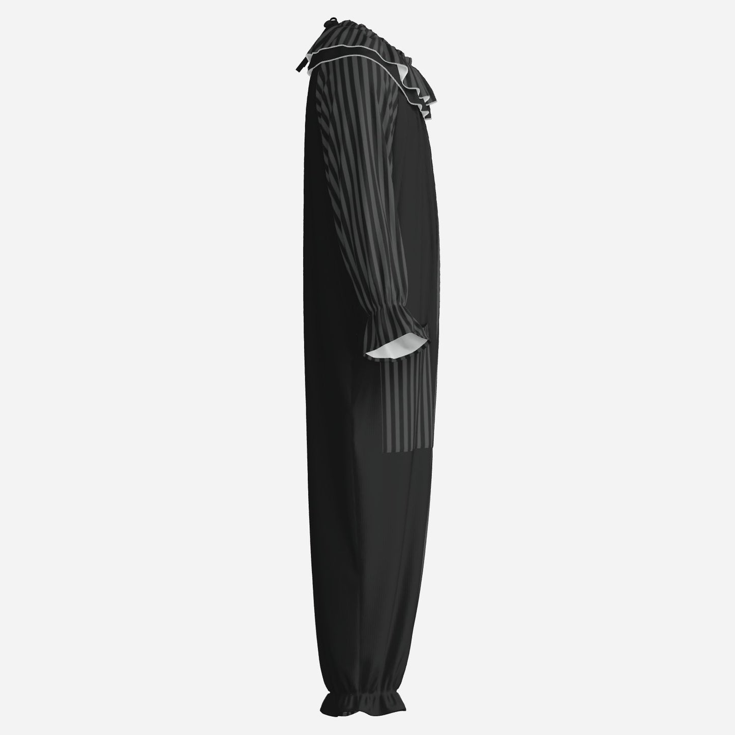 Circus Coveralls Dark Grey Black Stripe Whimsigoth clown suit, side view