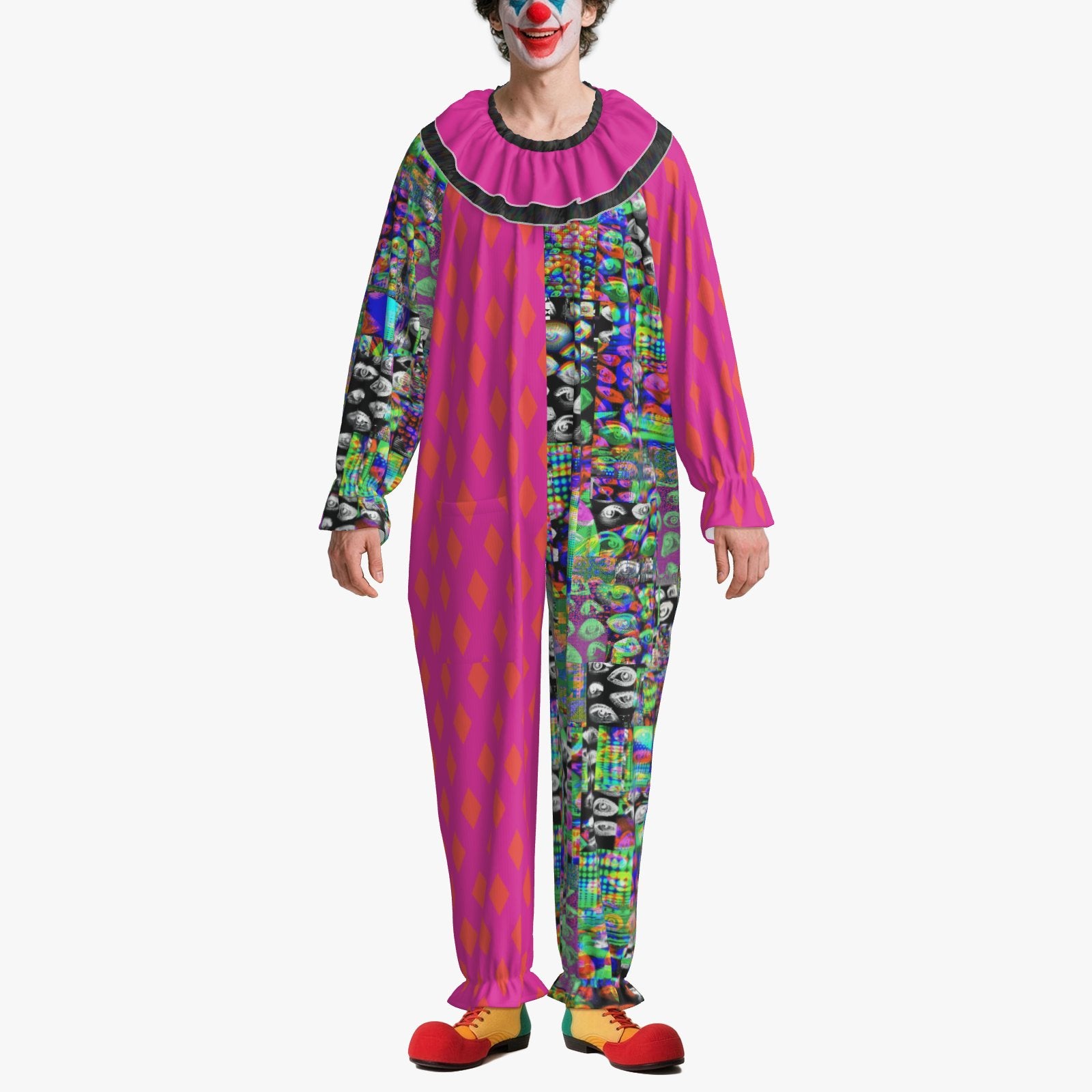 Circus Coveralls Hot Pink Glitch Eyes Weirdcore Rave clown suit, on-model front view
