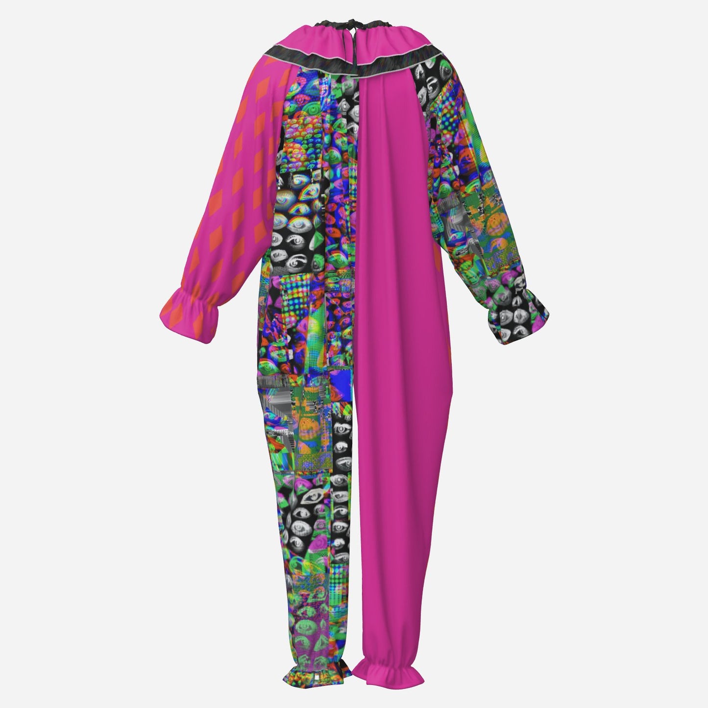 Circus Coveralls Hot Pink Glitch Eyes Weirdcore Rave clown suit, ghost mannequin back view