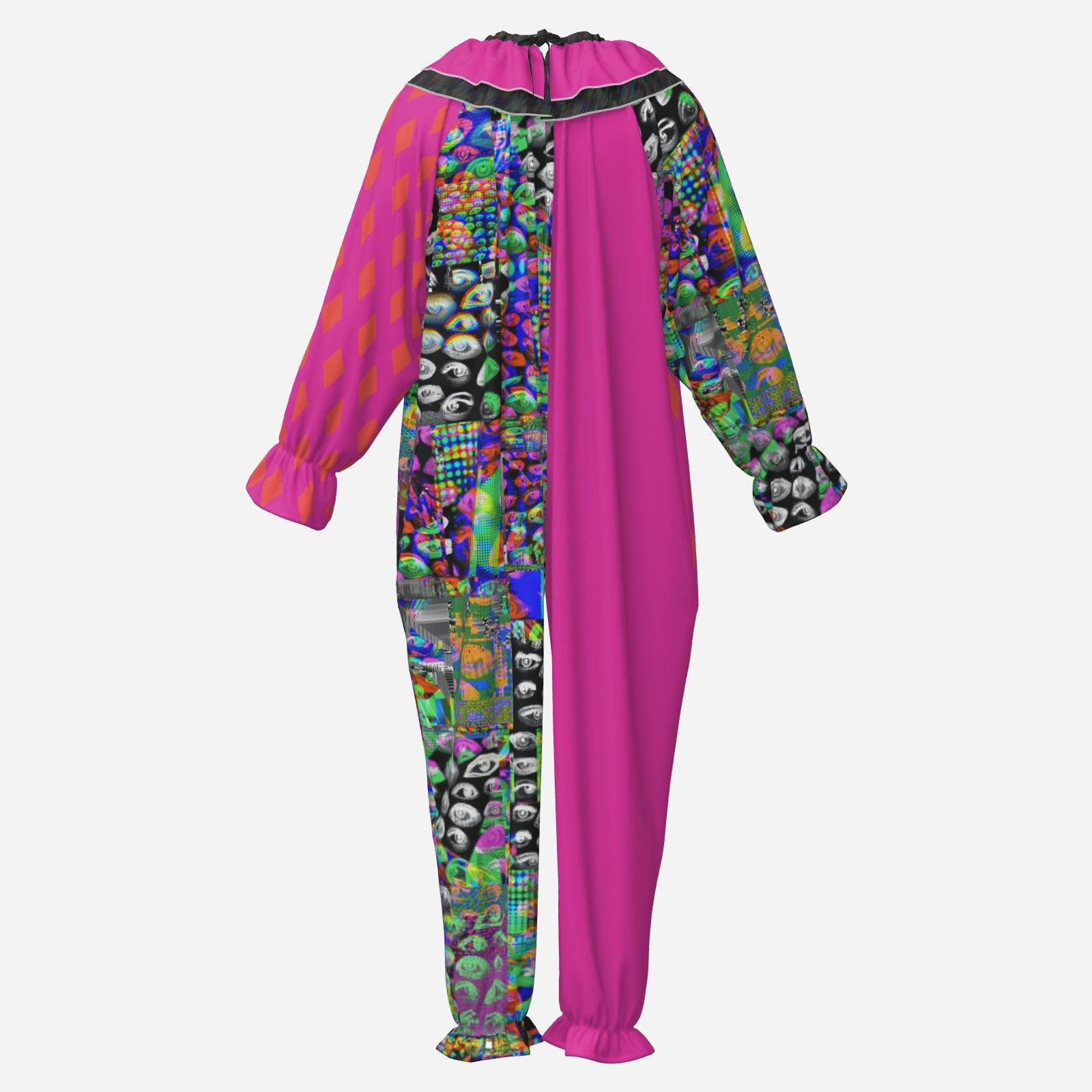 Circus Coveralls Hot Pink Glitch Eyes Weirdcore Rave clown suit, ghost mannequin back view