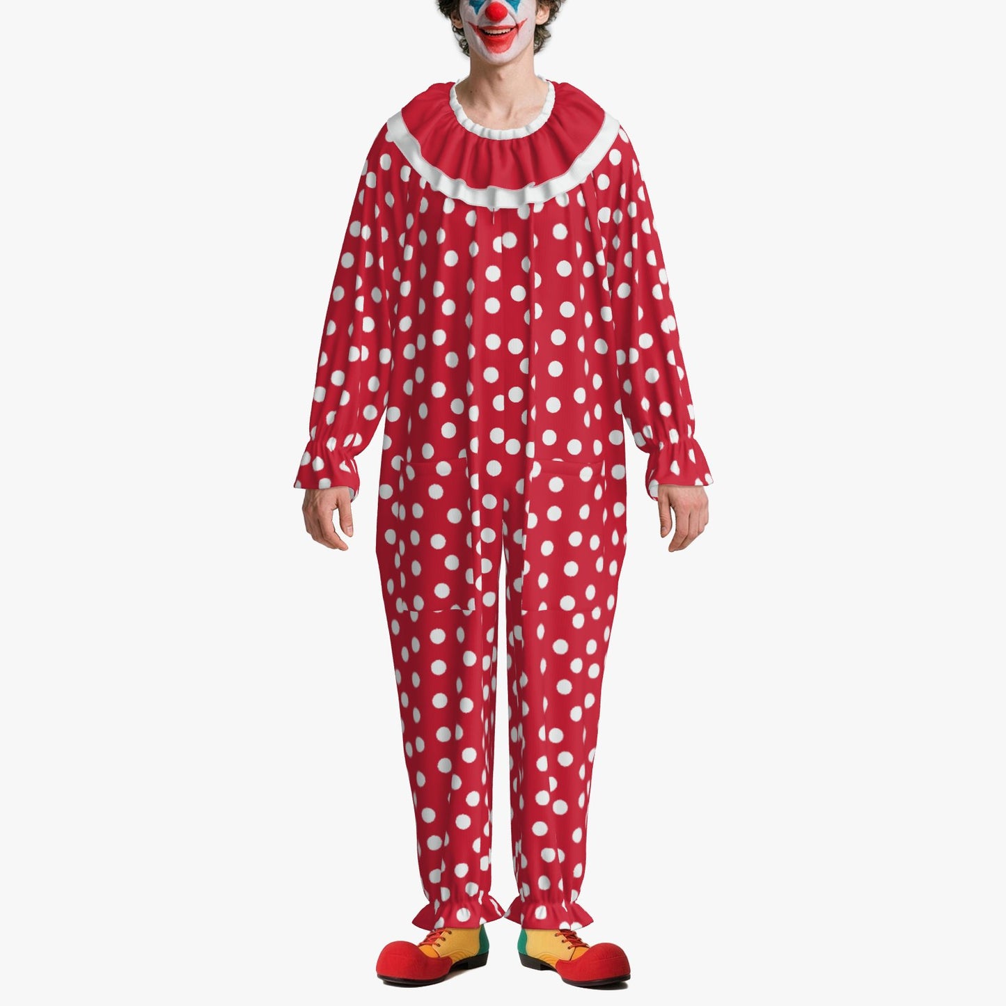 Circus Coveralls Red Polkadot clown suit, on-model front view