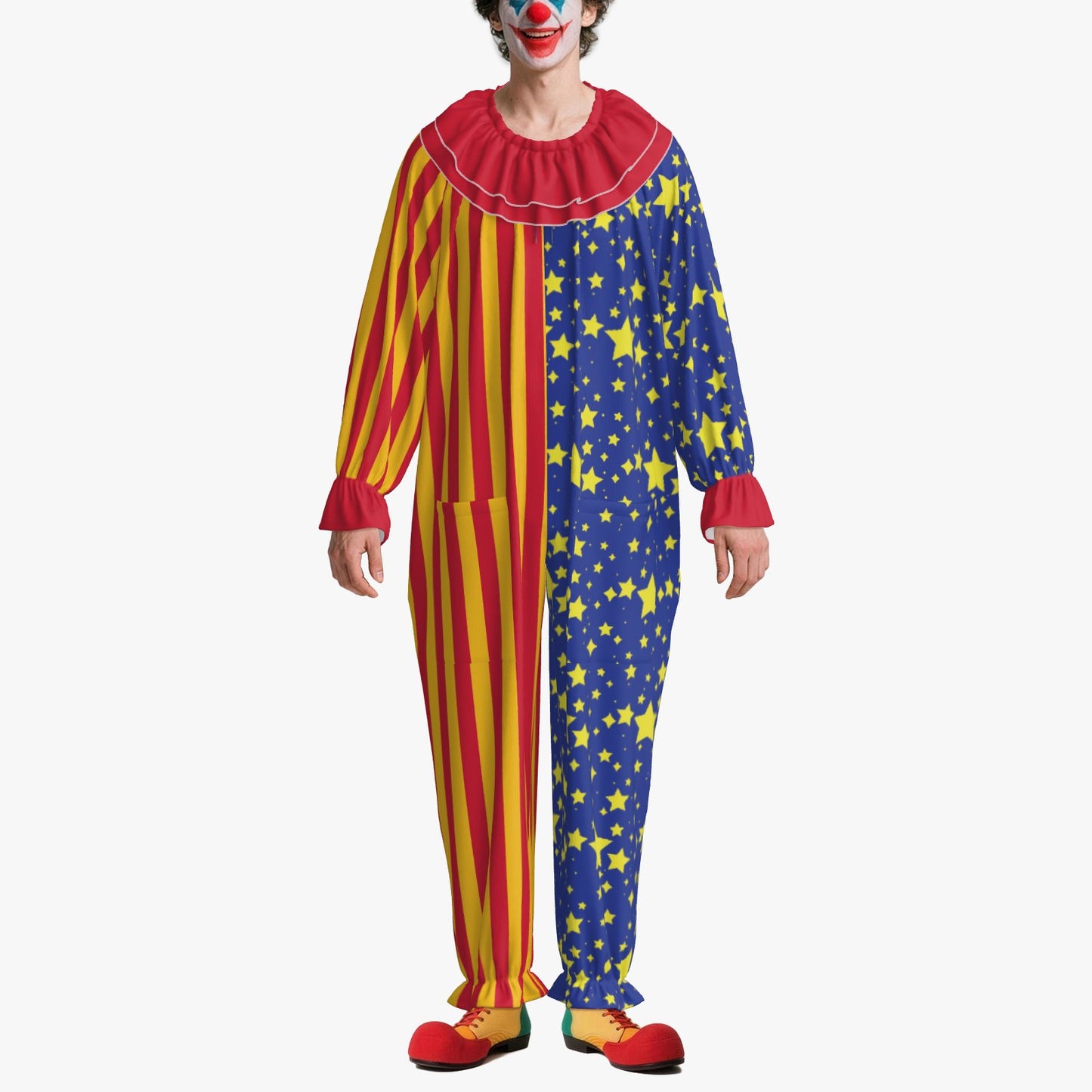 Circus Coveralls Sun Stripe Night Stardust Jester clown suit, on-model front view