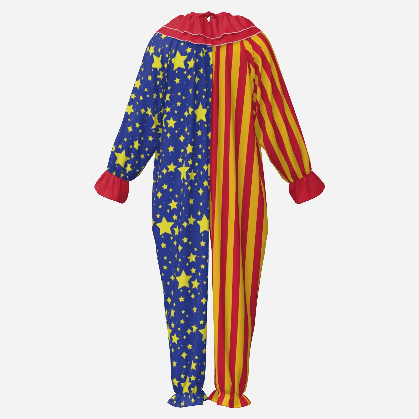 Circus Coveralls Sun Stripe Night Stardust Jester clown suit, ghost mannequin back view