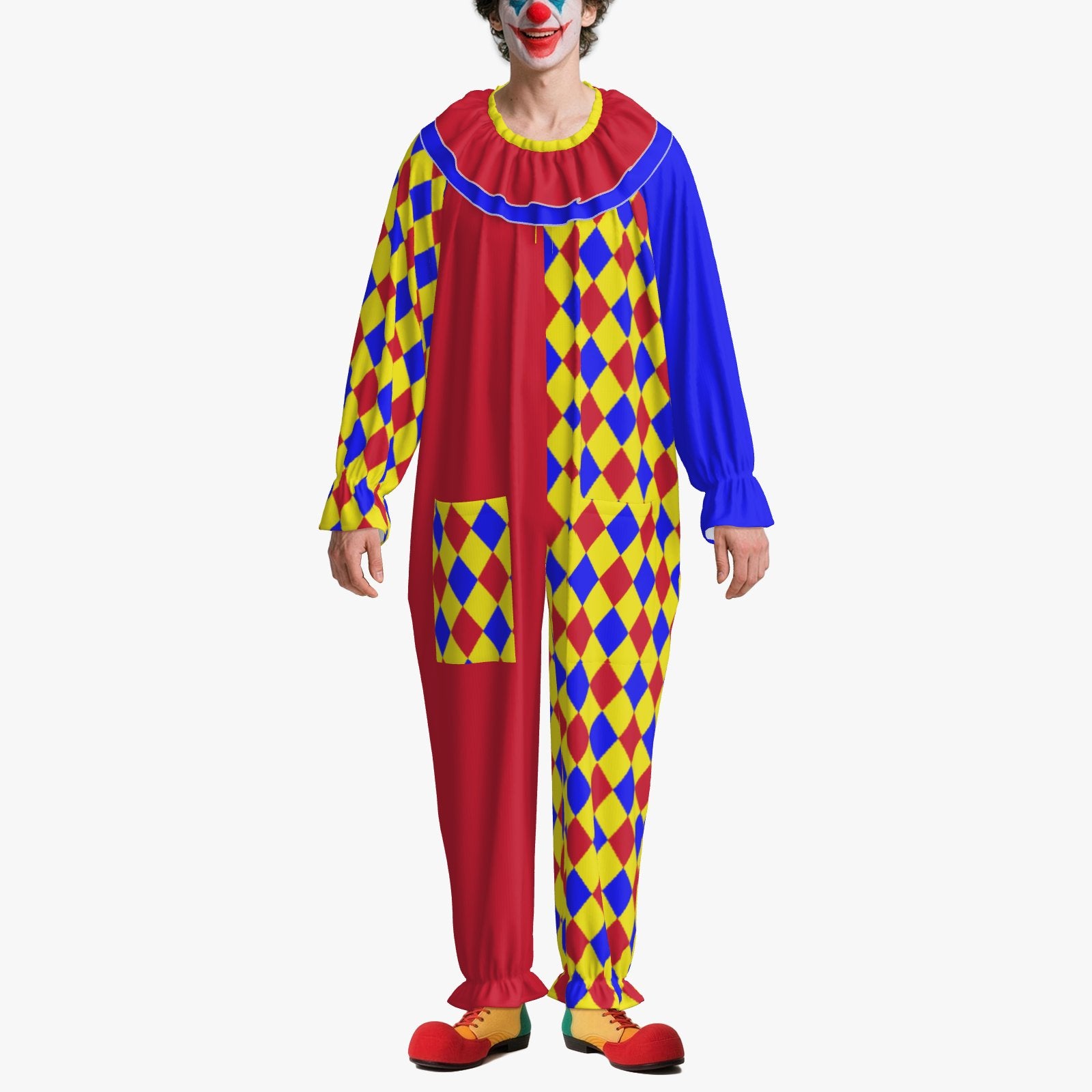 Circus Coveralls Carnival Primary Harlequin Jester clown suit, on-model front view