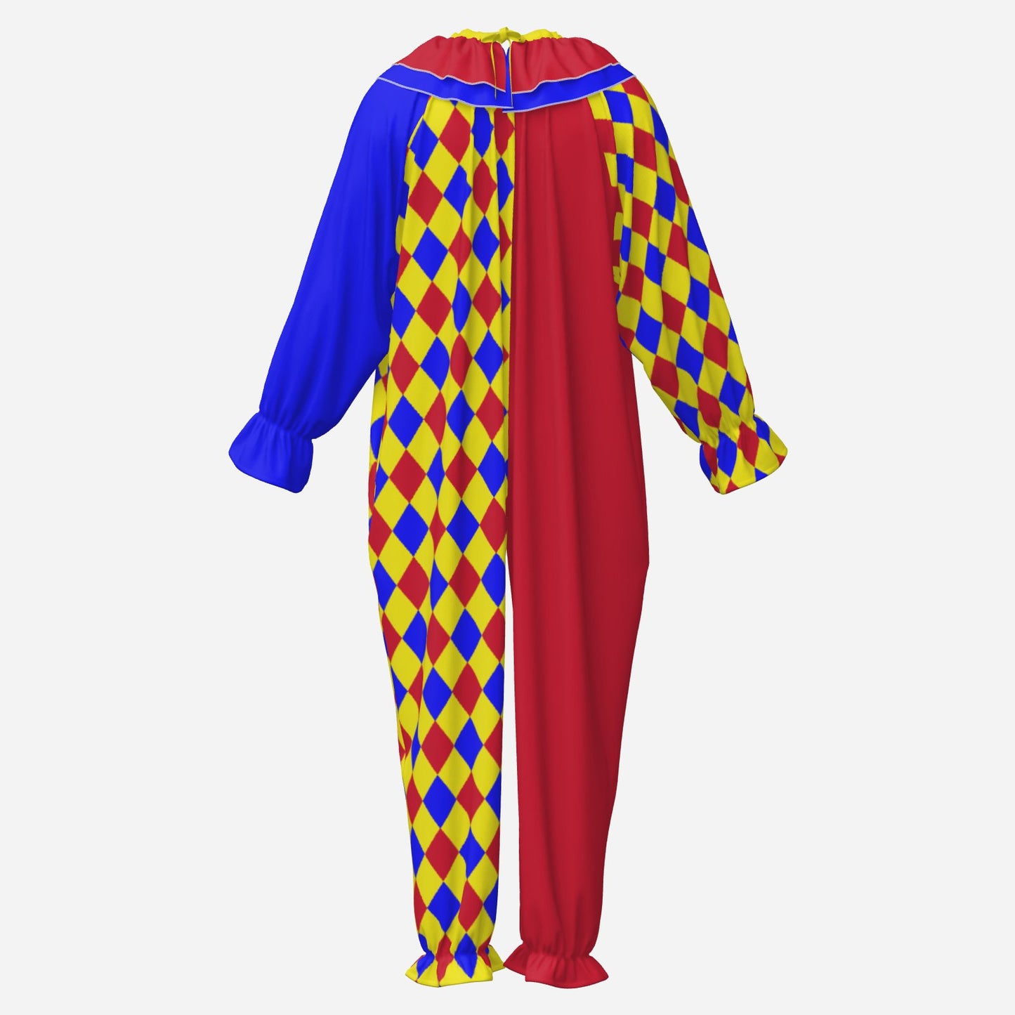 Circus Coveralls Carnival Primary Harlequin Jester clown suit, ghost mannequin back view