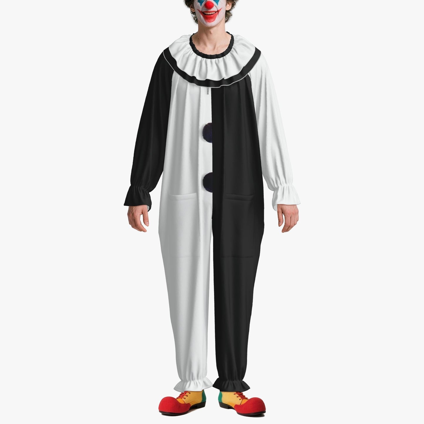 Circus Coveralls Artful Black White Pierrot clown suit, on-model front view