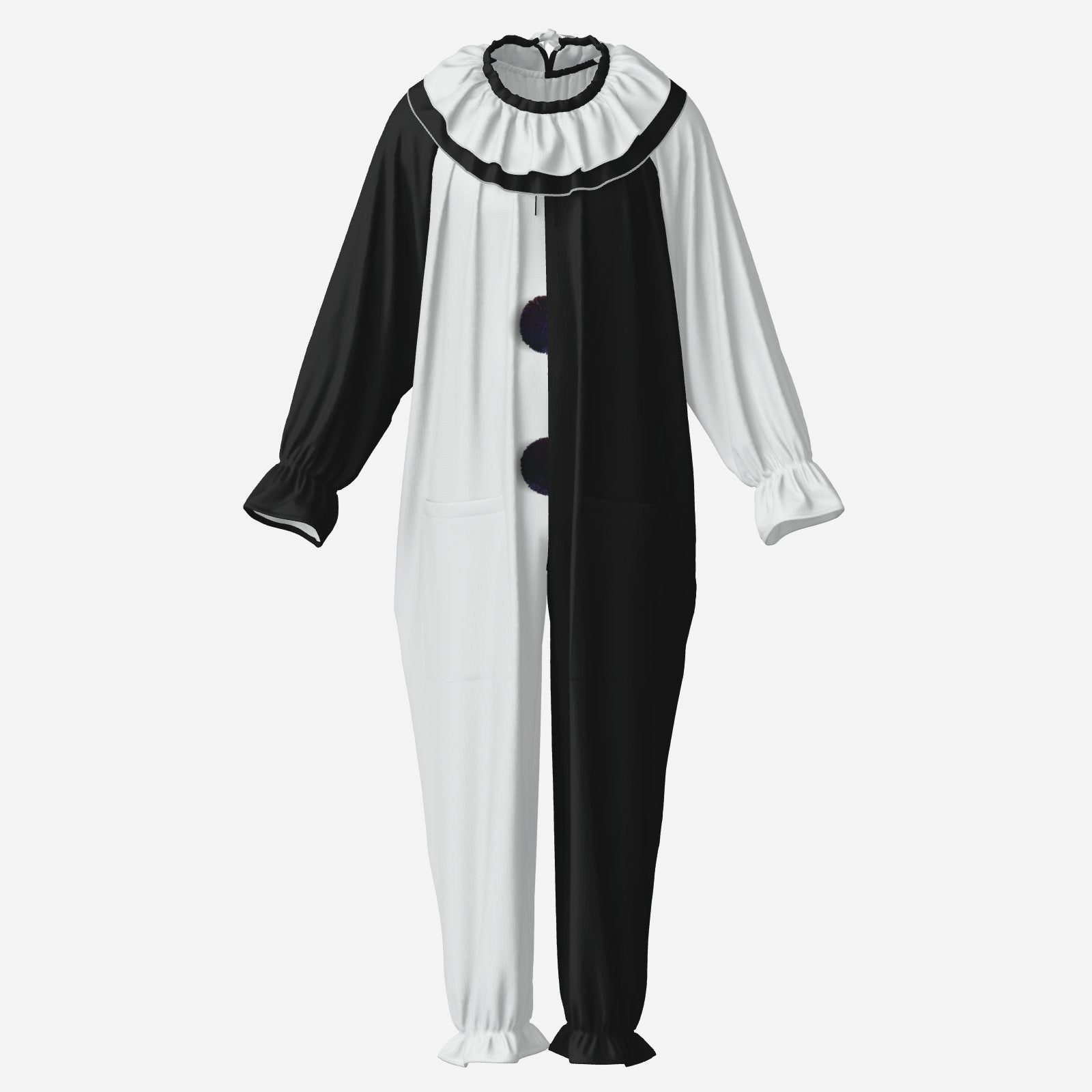 Circus Coveralls Artful Black White Pierrot clown suit, ghost mannequin front view