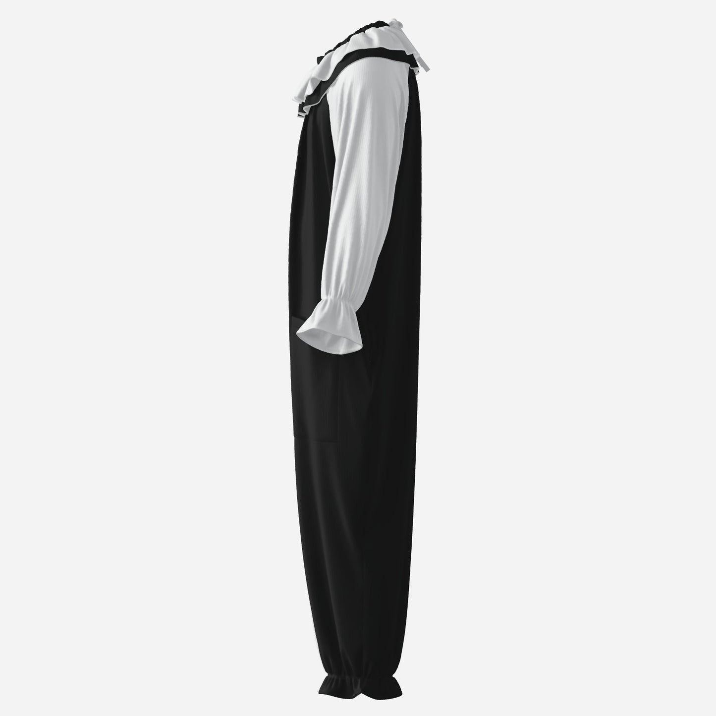 Circus Coveralls Artful Black White Pierrot clown suit, side view