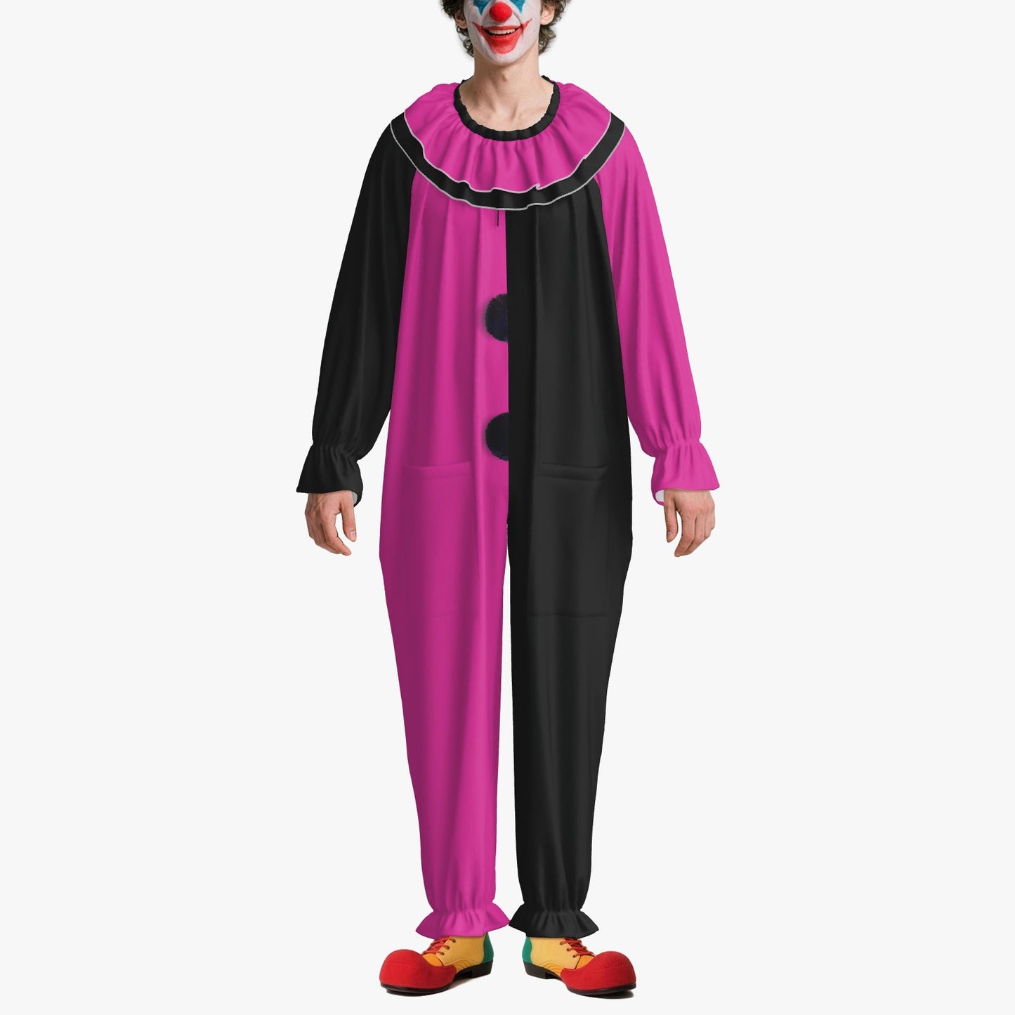 Circus Coveralls Artful Hot Pink Pierrot clown suit, on-model front view
