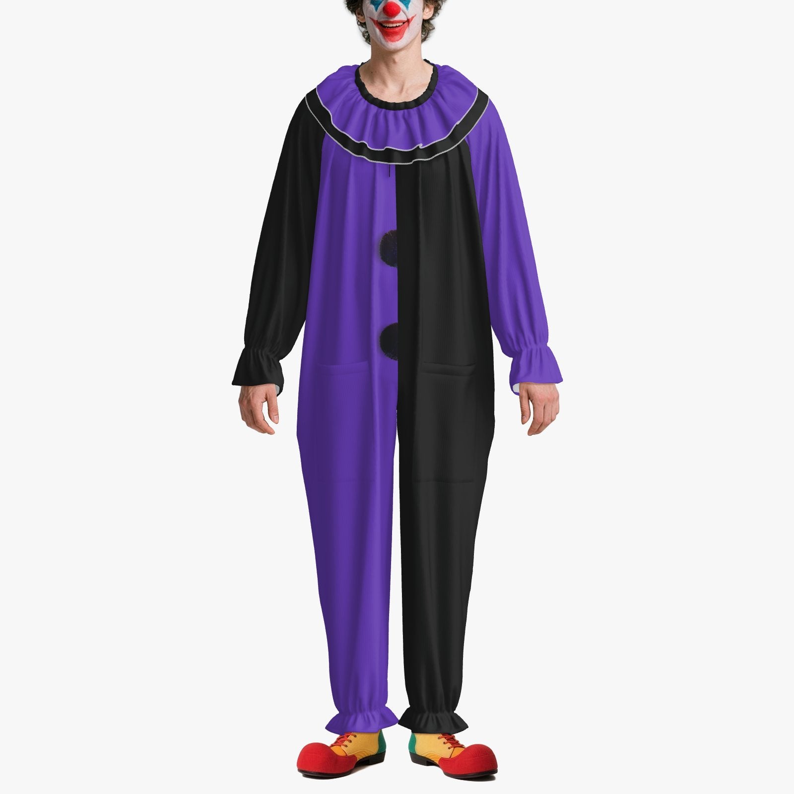 Circus Coveralls Artful Purple Black Pierrot clown suit, on-model front view