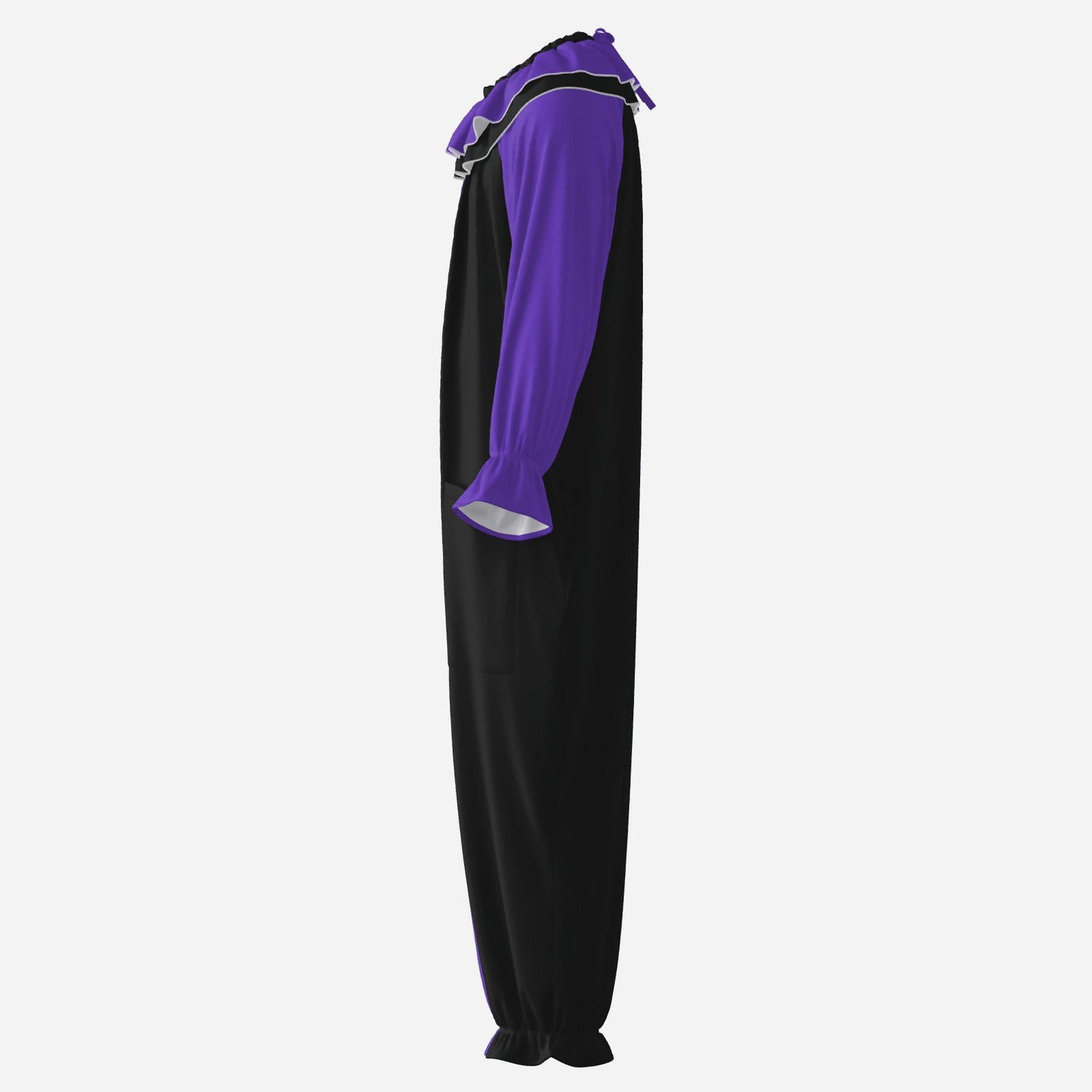 Circus Coveralls Artful Purple Black Pierrot clown suit, side view