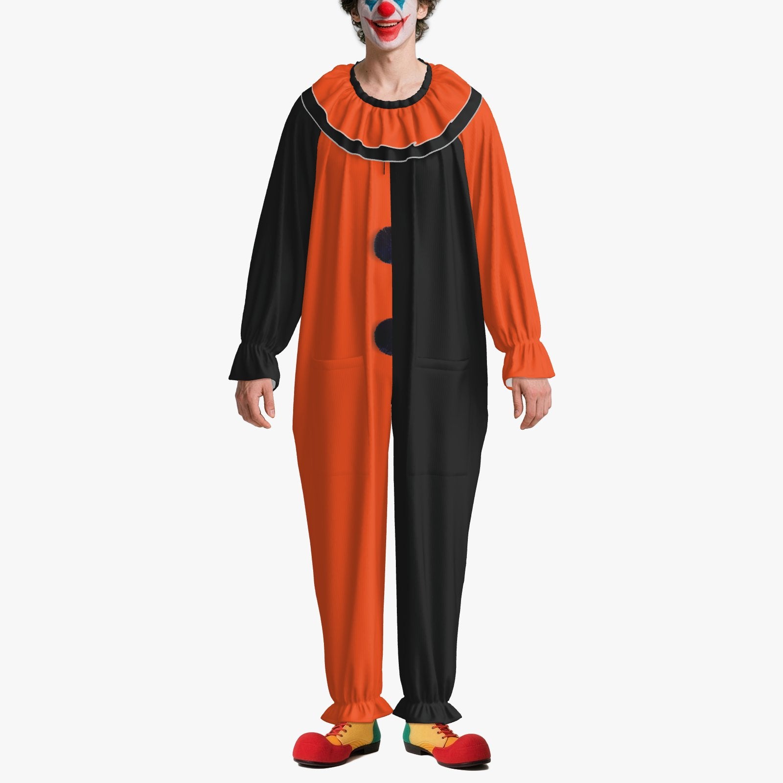Circus Coveralls Artful Orange Black Pierrot clown suit, on-model front view