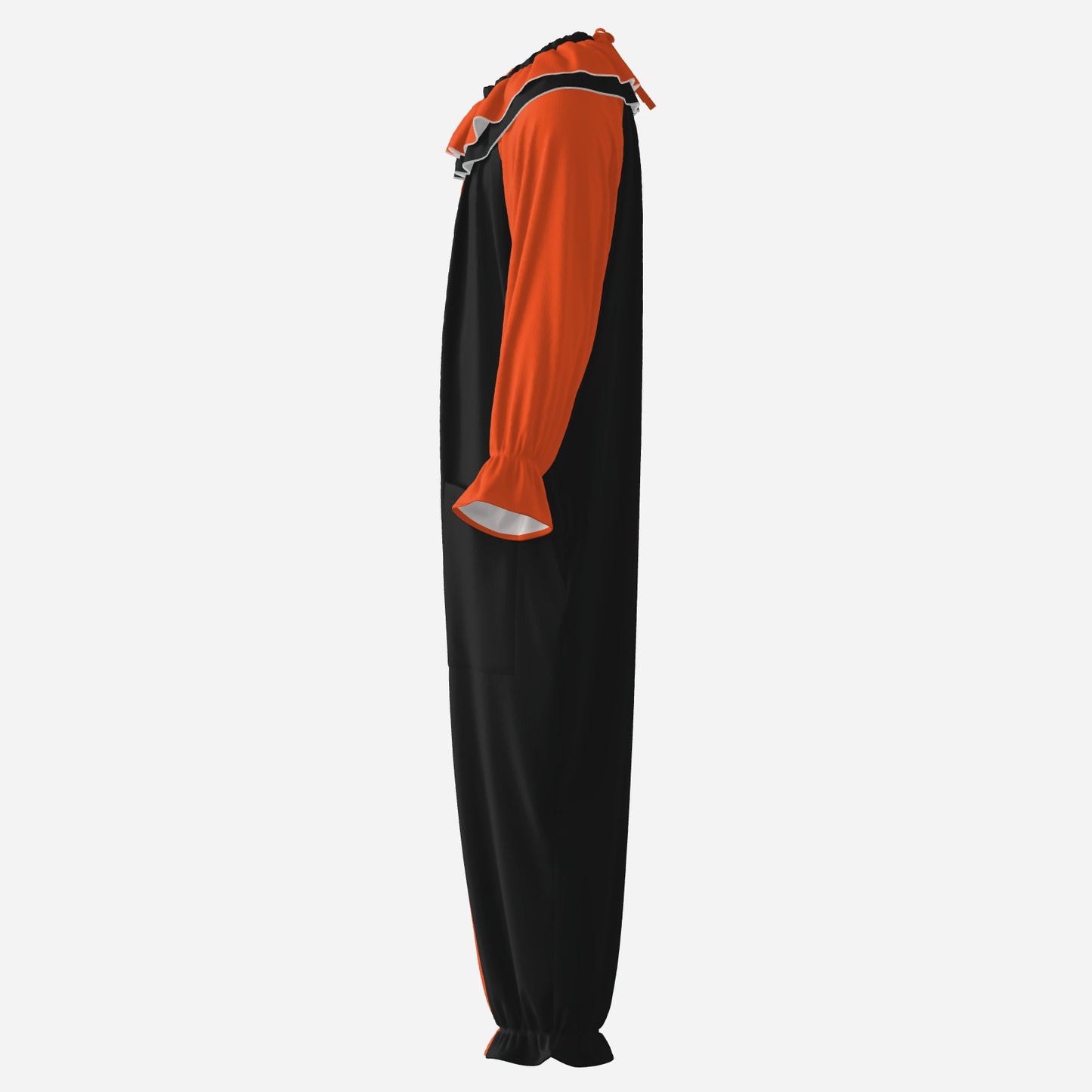 Circus Coveralls Artful Orange Black Pierrot clown suit, side view