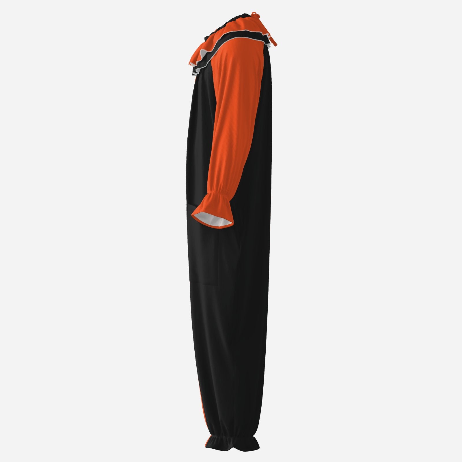 Circus Coveralls Artful Orange Black Pierrot clown suit, side view