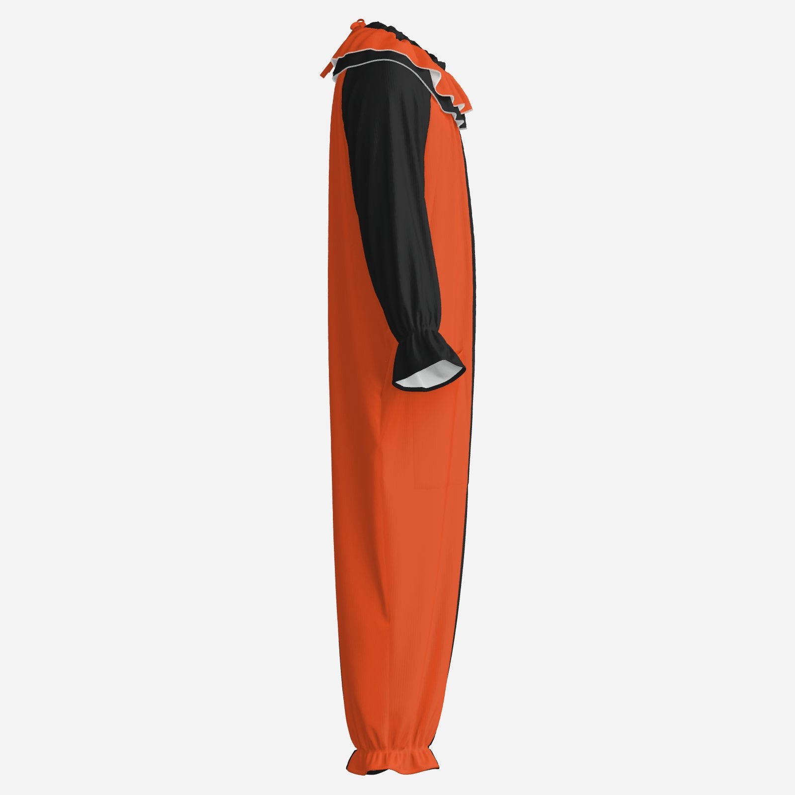 Circus Coveralls Artful Orange Black Pierrot clown suit, side view