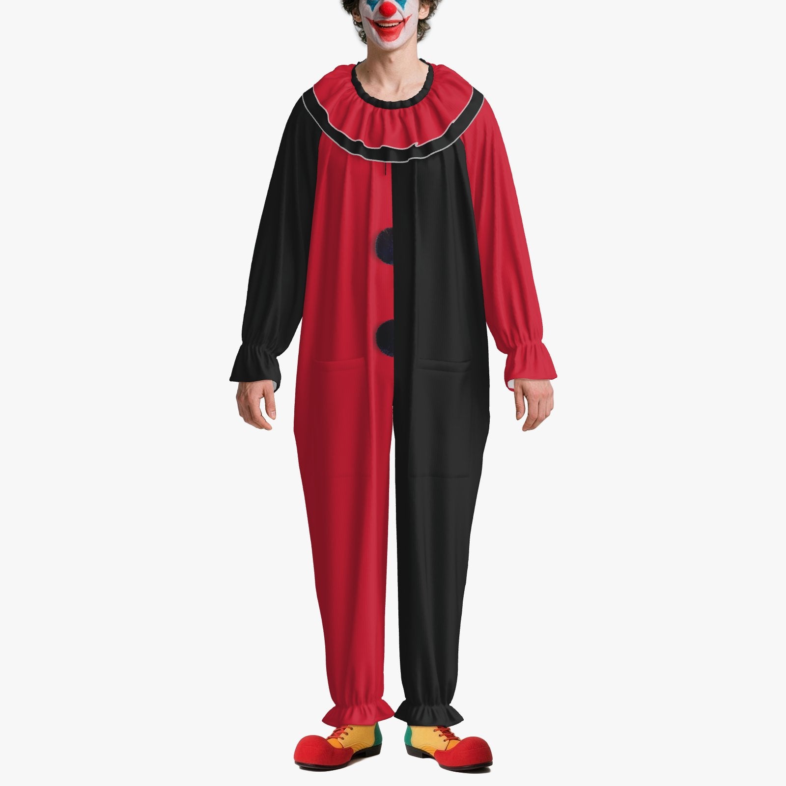 Circus Coveralls Artful Red Black Pierrot clown suit, on-model front view