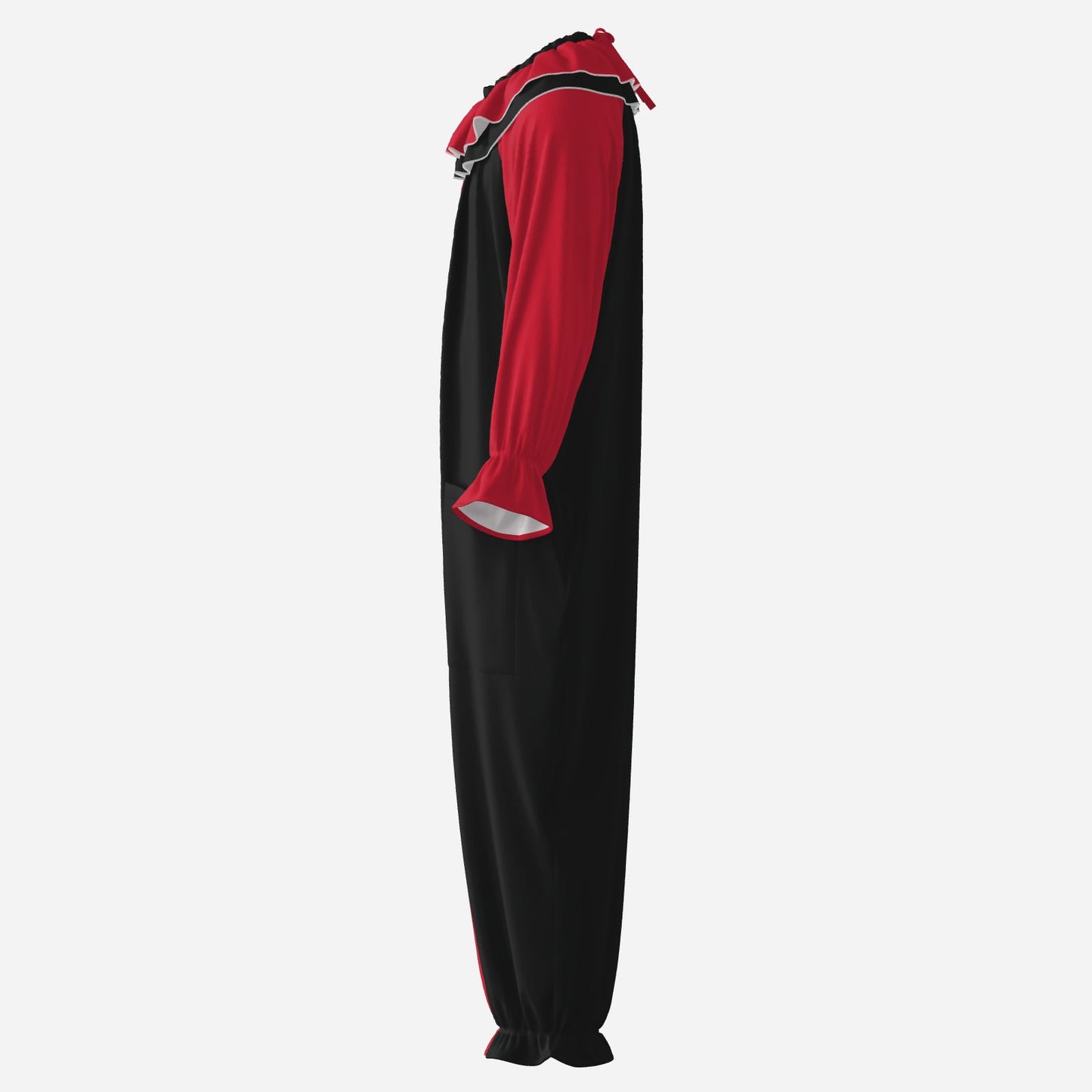 Circus Coveralls Artful Red Black Pierrot clown suit, side view
