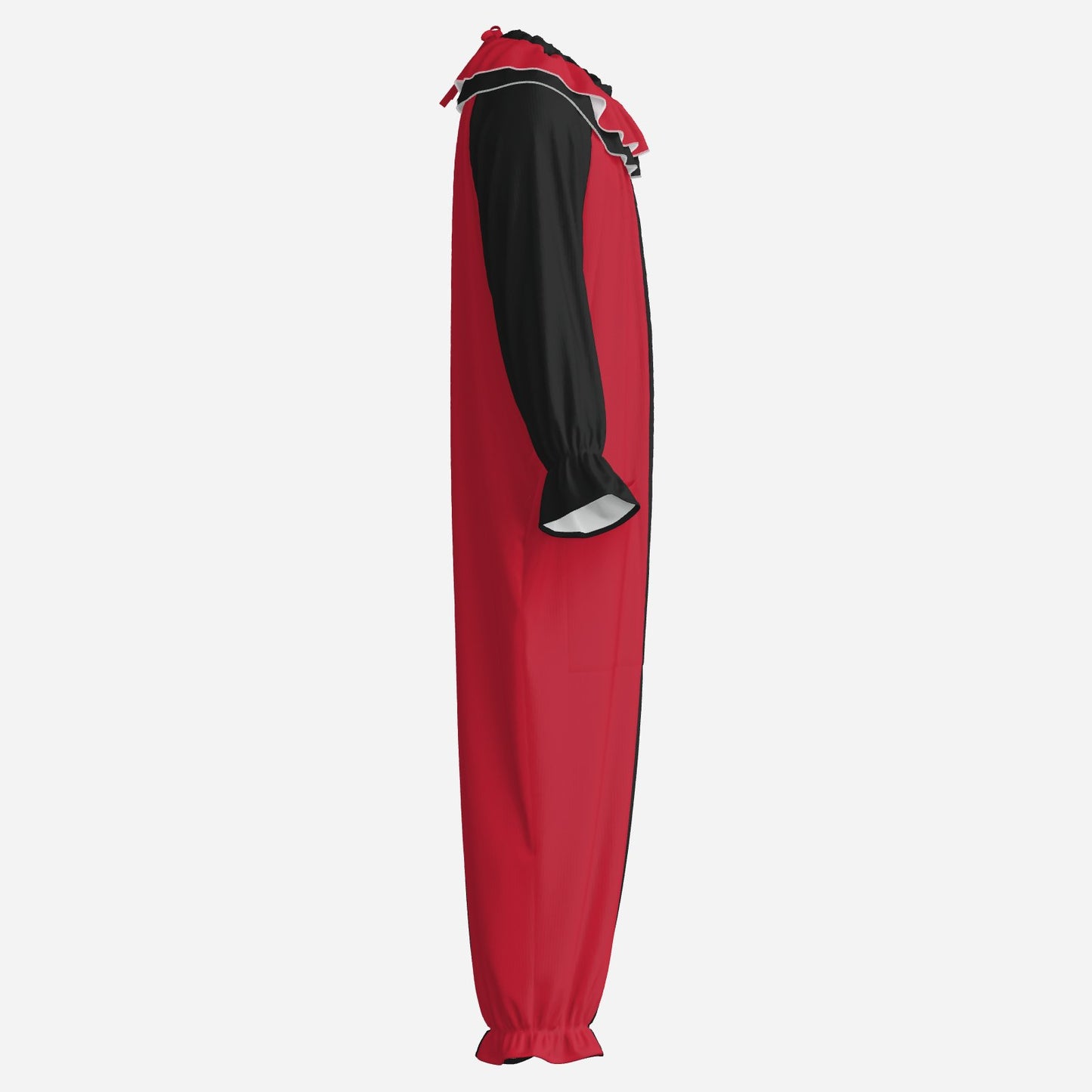 Circus Coveralls Artful Red Black Pierrot clown suit, side view