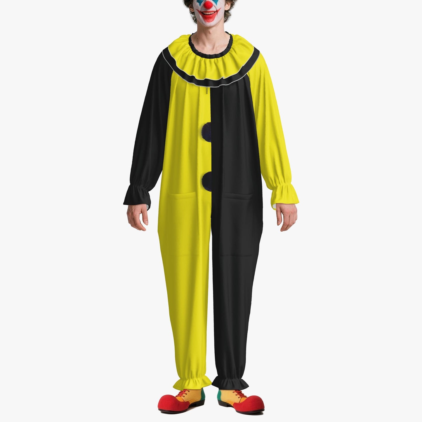 Circus Coveralls Artful Yellow Black Pierrot clown suit, on-model front view