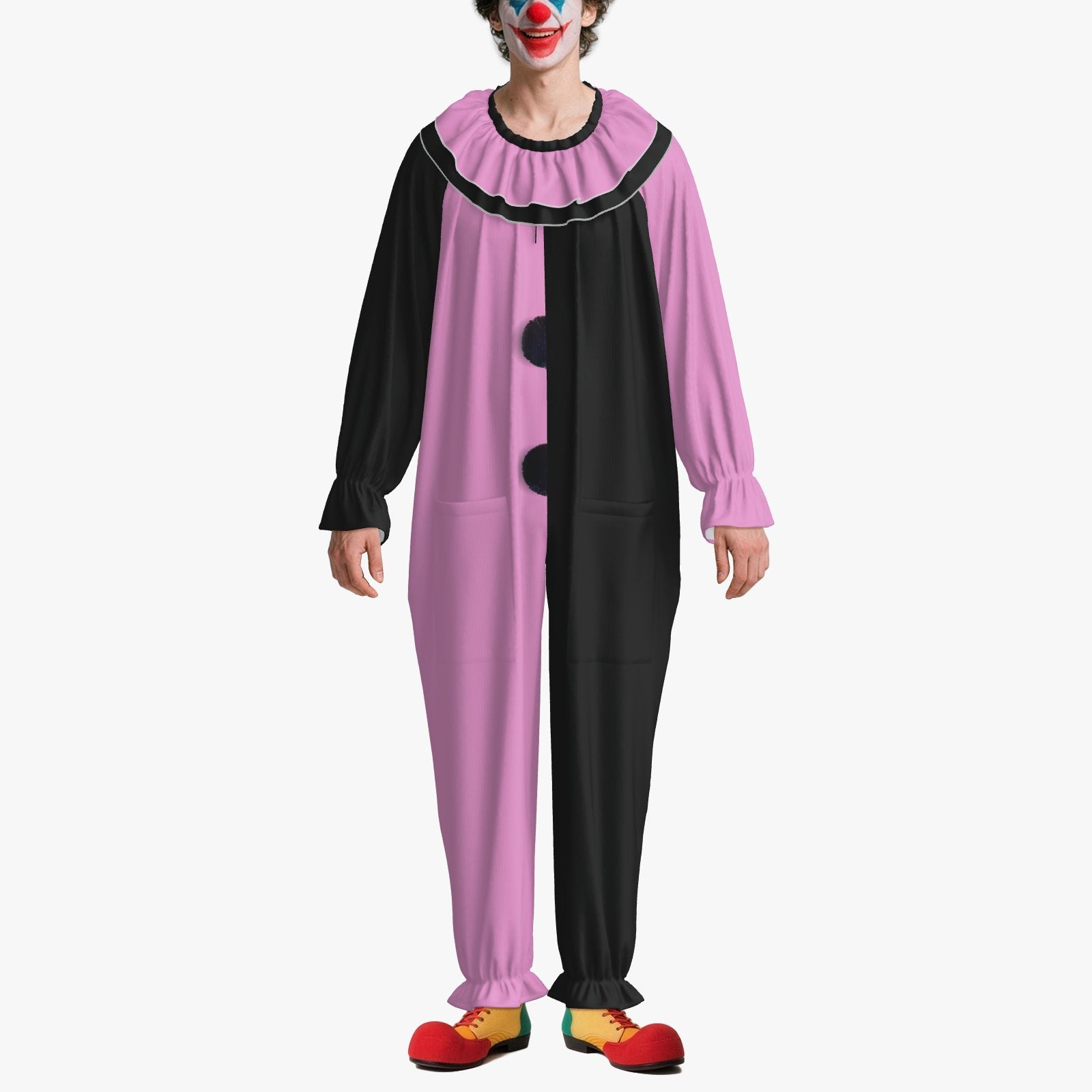 Circus Coveralls Artful Pink Black Pierrot clown suit, on-model front view