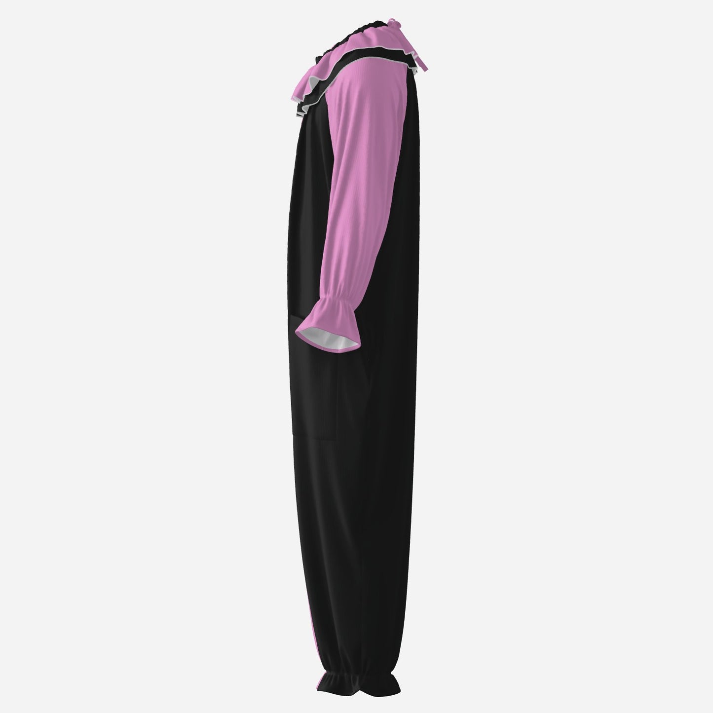 Circus Coveralls Artful Pink Black Pierrot clown suit, side view