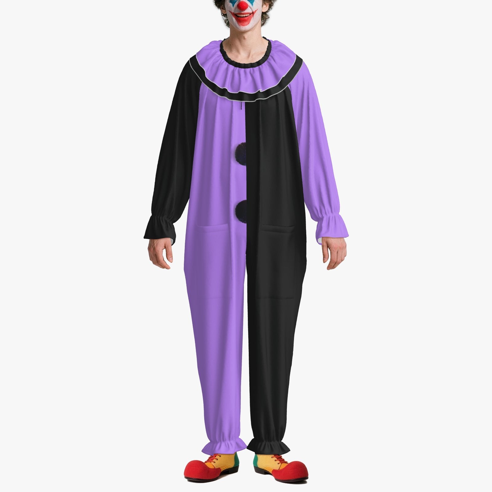 Circus Coveralls Artful Lavender Black Pierrot clown suit, on-model front view