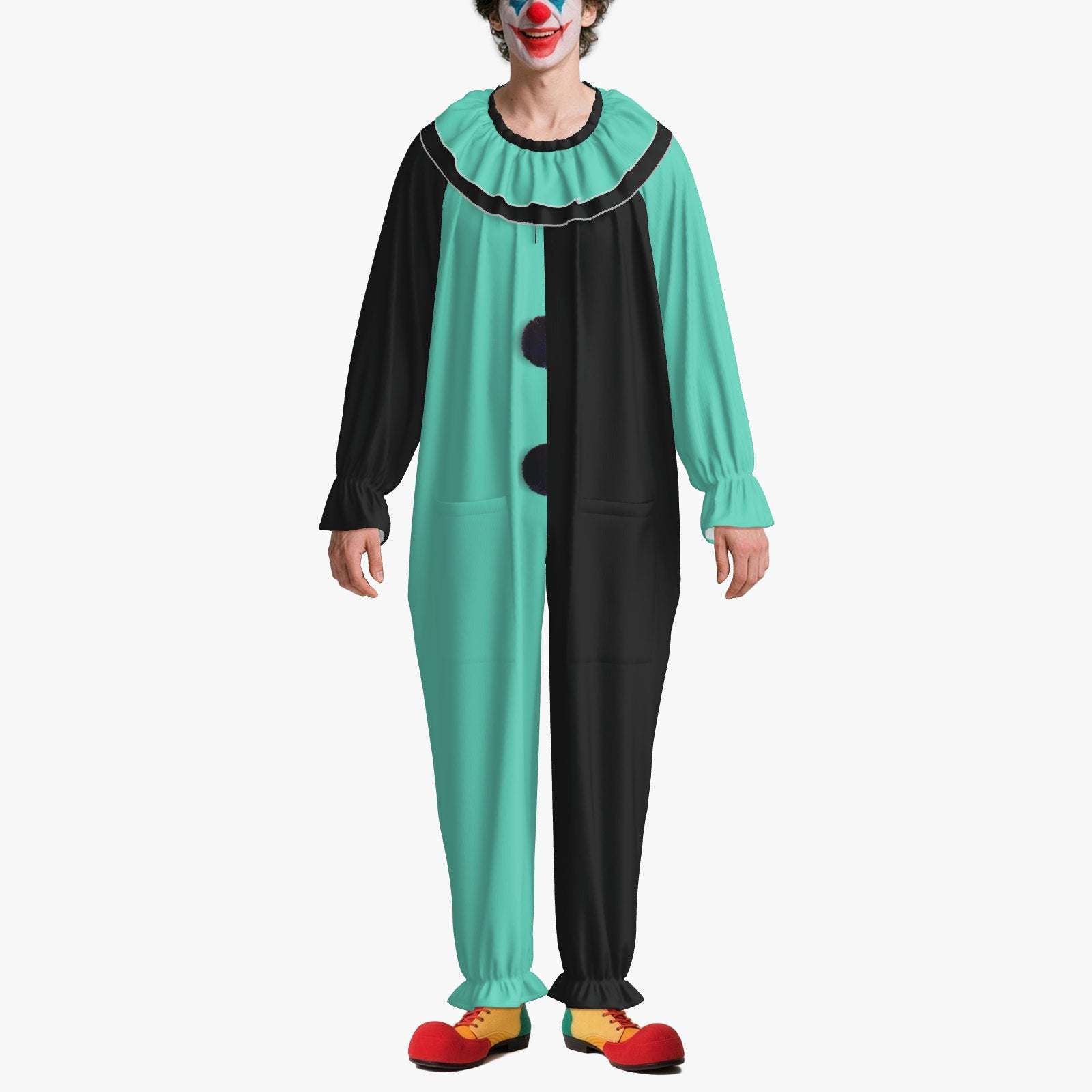 Circus Coveralls Artful Aqua Teal Black Pierrot clown suit, on-model front view