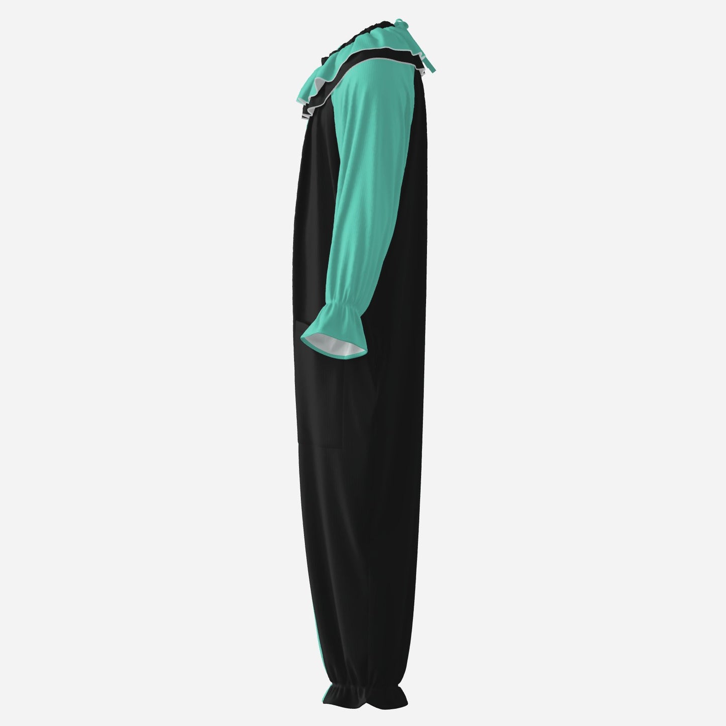 Circus Coveralls Artful Aqua Teal Black Pierrot clown suit, side view