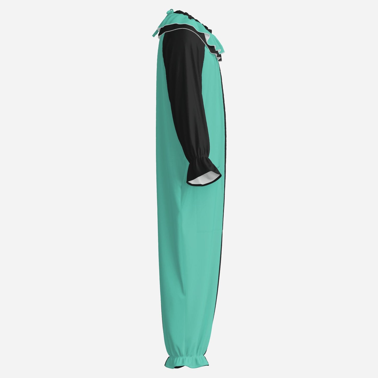 Circus Coveralls Artful Aqua Teal Black Pierrot clown suit, side view