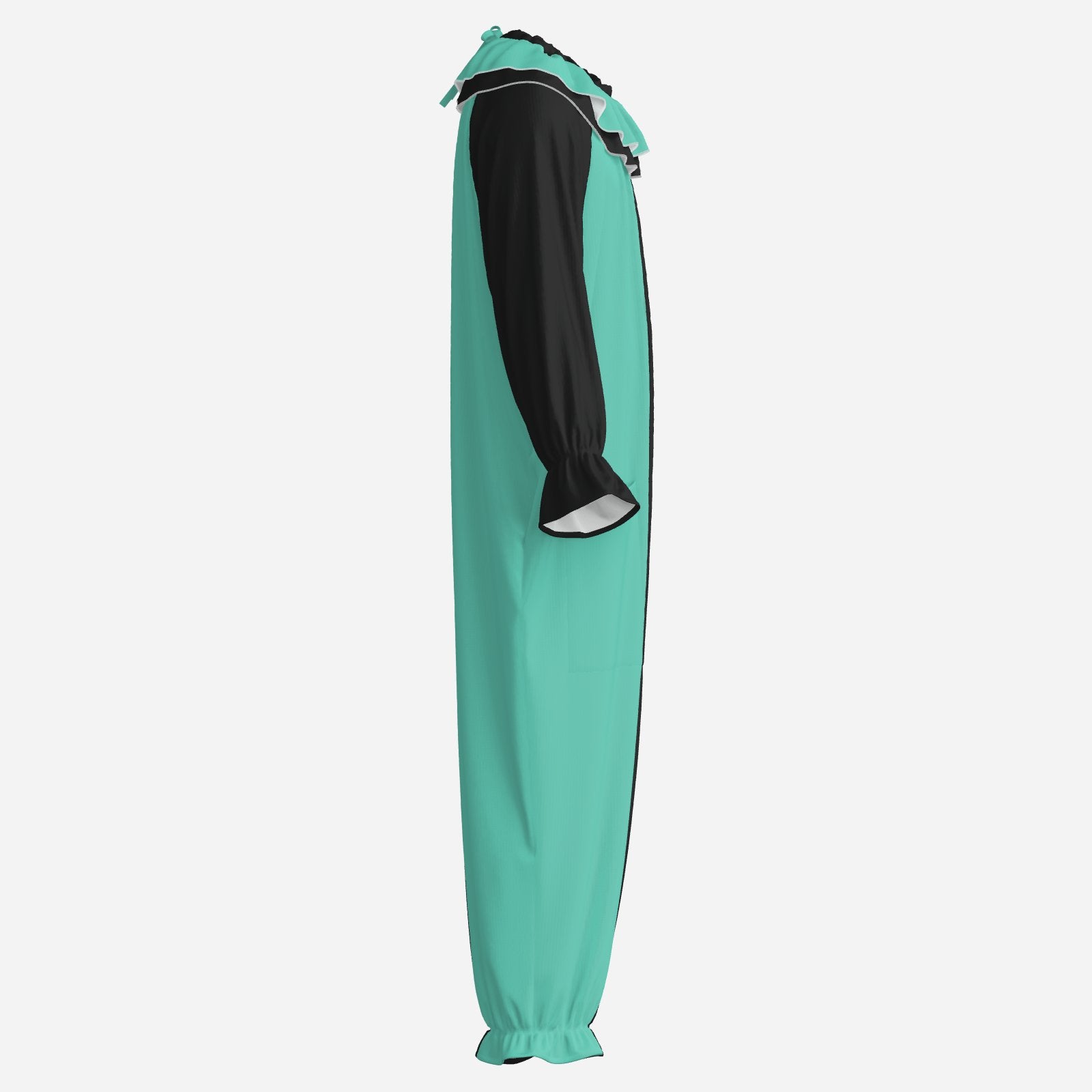 Circus Coveralls Artful Aqua Teal Black Pierrot clown suit, side view