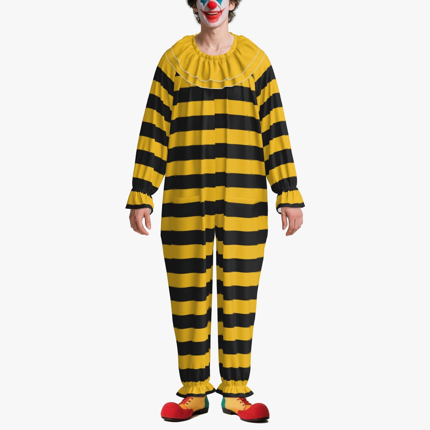 Circus Coveralls Bee Stripe Yellow Black clown suit, on-model front view